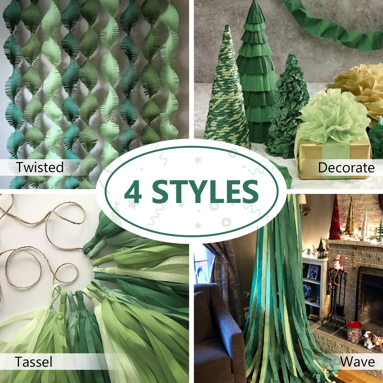 PartyWoo Crepe Paper Streamers - 4 Rolls (328ft Total) Shades of Green Decorative Paper for Party Decorations, Wedding, Birthday & Baby Shower Supplies (1.8