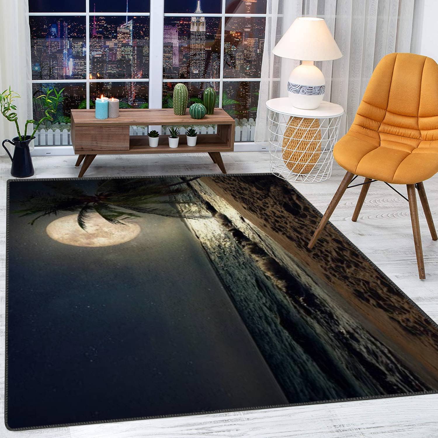 3D Beach & Full Moon Plush Soft Area Rug - Non-Slip Shaggy Carpet for Living Room, Bedroom, Nursery & Kids Playroom - Modern Home Decor (5x8 Ft) - Perfect for Cozy Spaces & Boho Chic Interiors