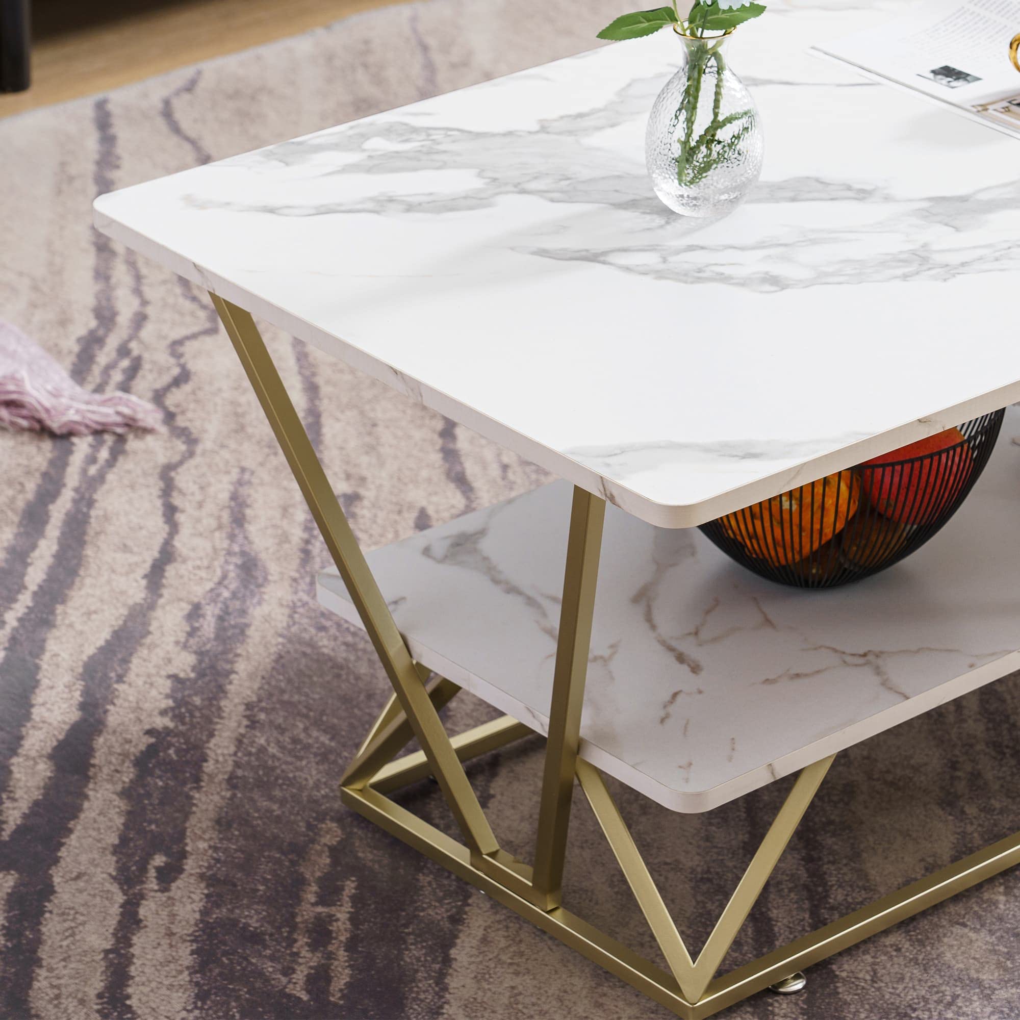 ivinta 47-inch White Coffee Table with Storage - Modern Rectangle Living Room Table with Faux Marble Top & Gold Frame - Space-Saving Center Table for Small Apartments, Dorms & Living Rooms