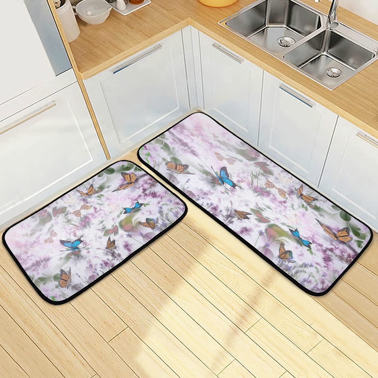 Washable Kitchen Rugs Set of 2 - 3D Butterfly & Summer Flowers Anti-Fatigue Floor Mats for Kitchen & Bathroom (27