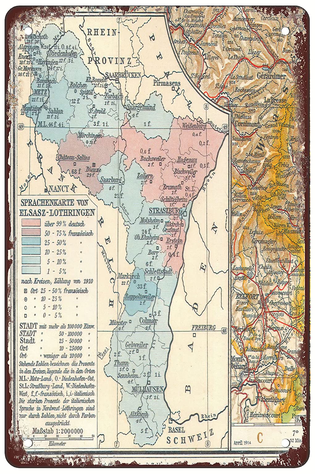 Vintage 1906 German Linguistic Map of Alsace Lorraine Metal Tin Sign - 8x12 Inch Retro Wall Art for Home, Bar & Office Decor - Perfect for Boho, Vintage & Man Cave Style Rooms