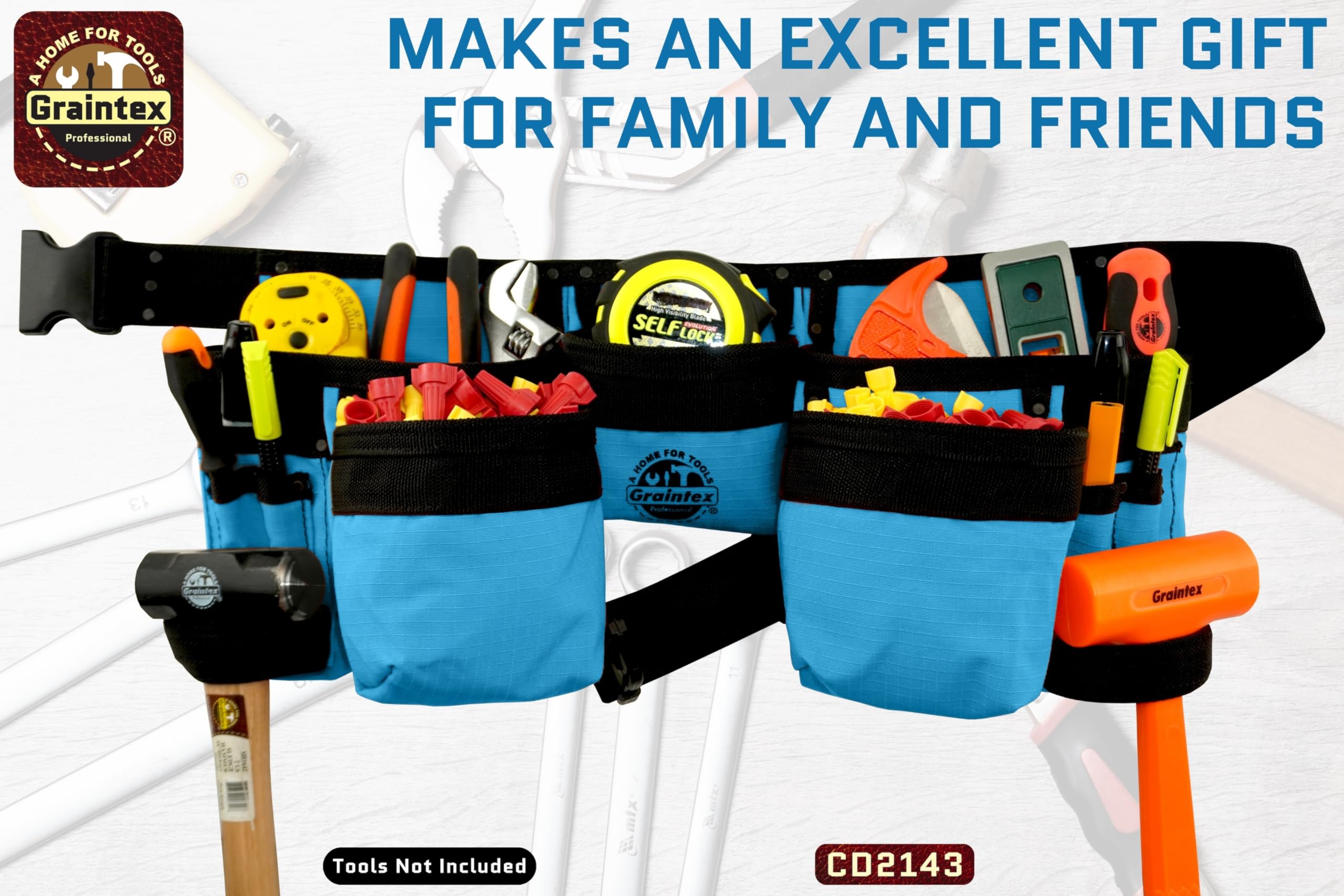 Graintex CD2143 11-Pocket Professional Tool Belt - Royal Blue Canvas Work Belt with Hammer Loops | Durable Tool Organizer for Carpenters, Electricians & DIY Projects | Perfect for Construction, Home Renovation & Woodworking