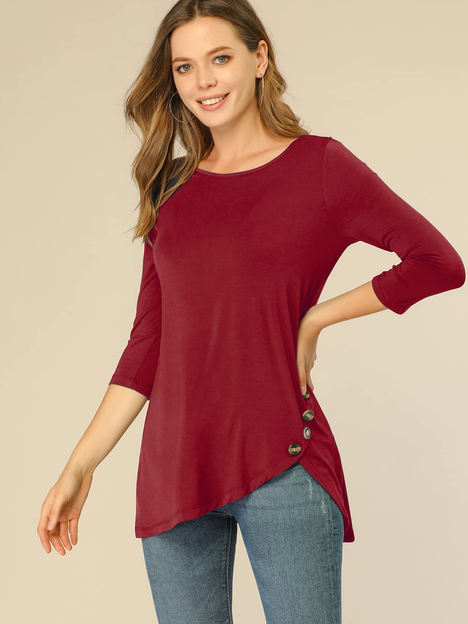 Allegra K Women's Loose Asymmetrical Hem Tunic T-Shirt - 3/4 Sleeve Round Neck Casual Basic Top for Spring 2025 | Perfect for Work, Weekend Outfits & Layering