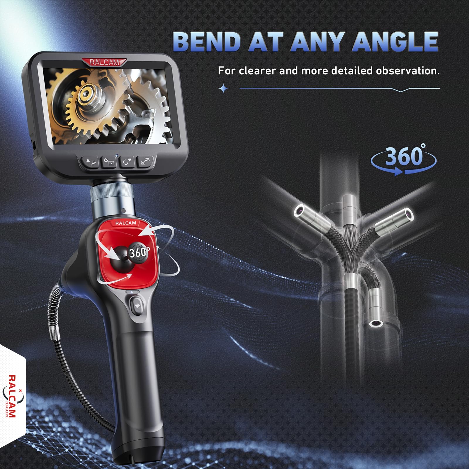 Ralcam 360° Articulating Borescope with 6.2mm Camera - 4-Way Joystick, 6 Adjustable LED Lights & 6.6FT Semi-Rigid Snake Tube for Automotive, HVAC, and Plumbing Inspections