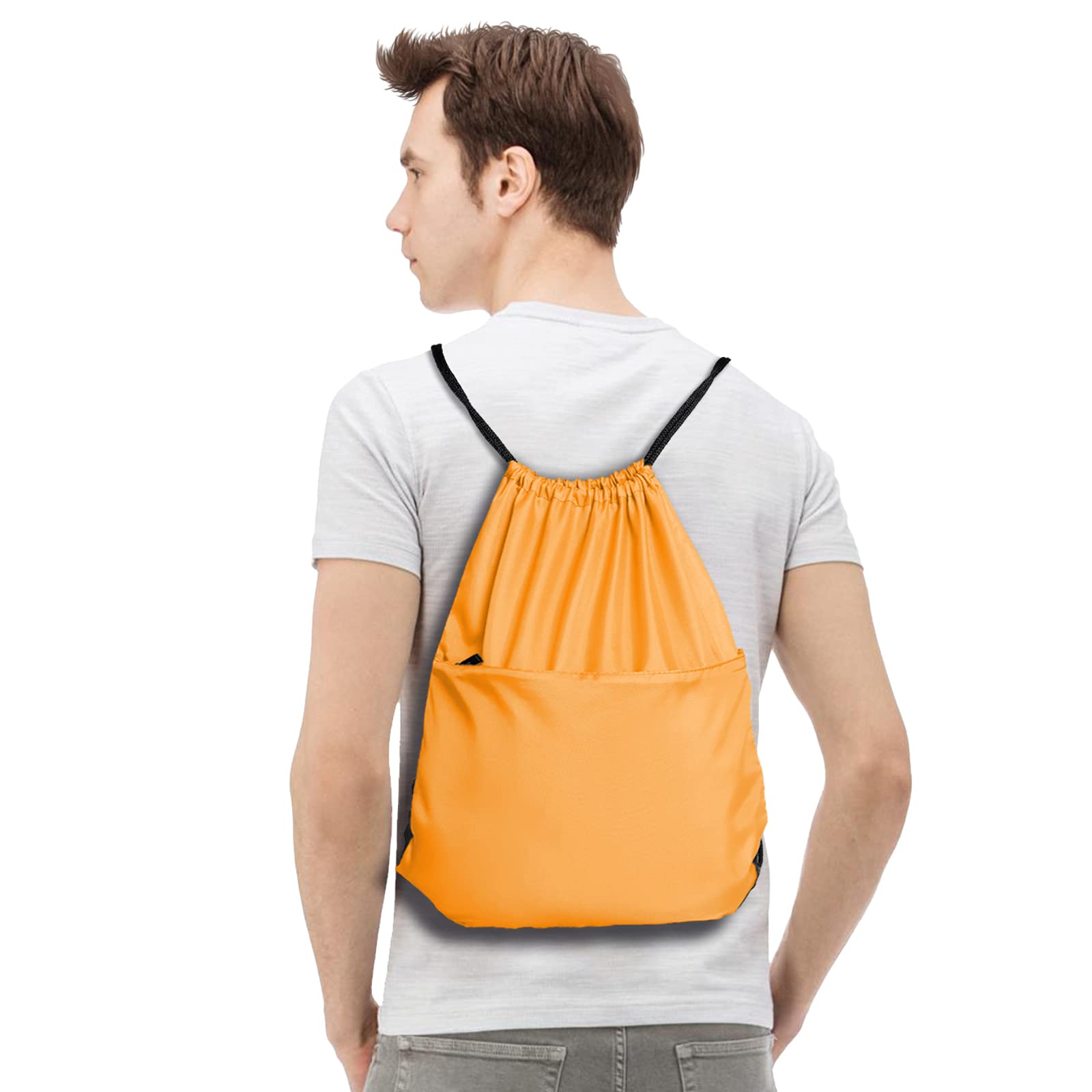 Water Resistant Drawstring Backpack with Zipper - Lightweight Sports Gym Sackpack for Men & Women - Large Durable String Bag for Running, Travel & Workout - Orange