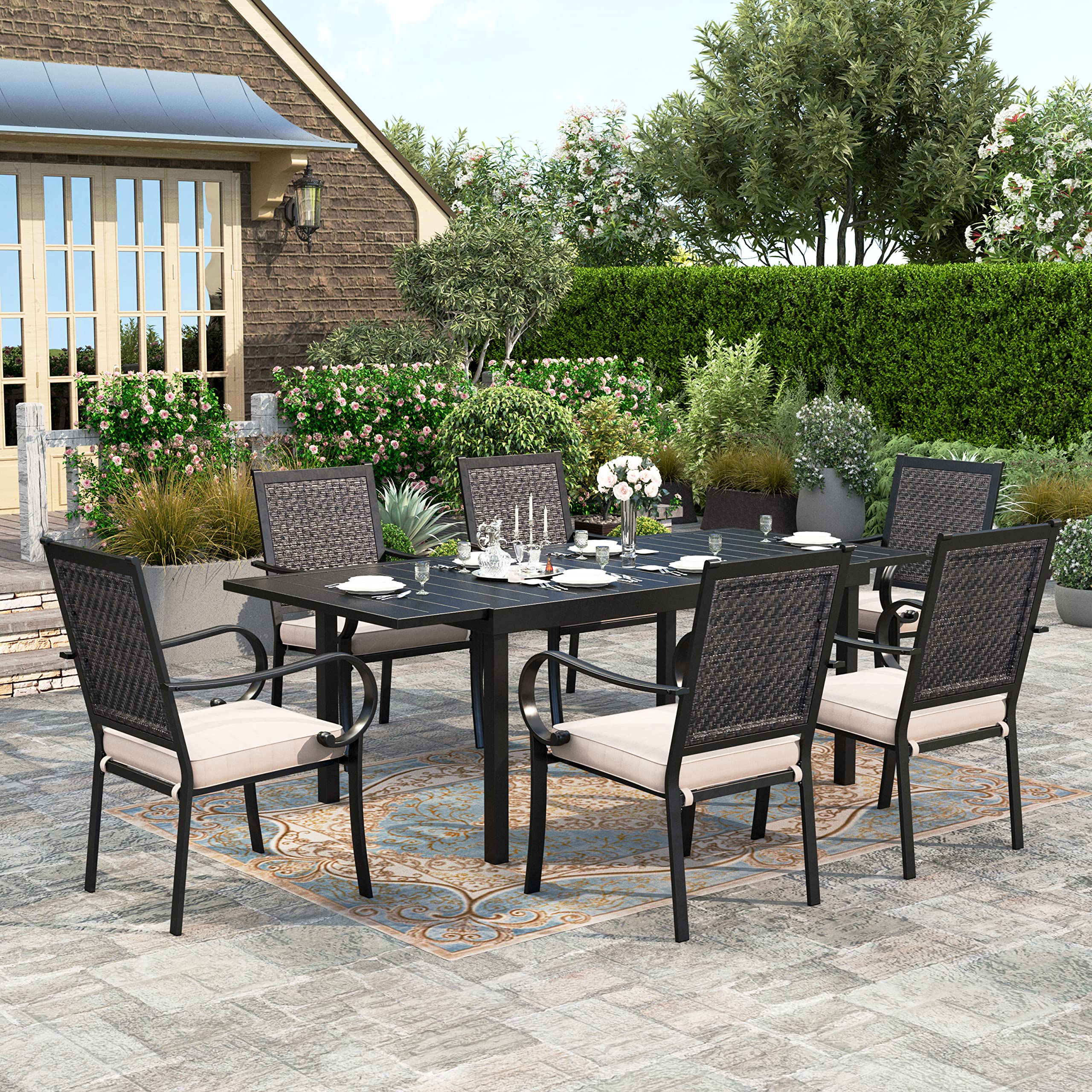 HERA'S HOUSE 7-Piece All-Weather Wicker Patio Dining Set - 6 Rattan Chairs & Expandable Metal Table - Outdoor Furniture for 6-8 People - Perfect for Backyard, Lawn, Garden & Poolside Dining