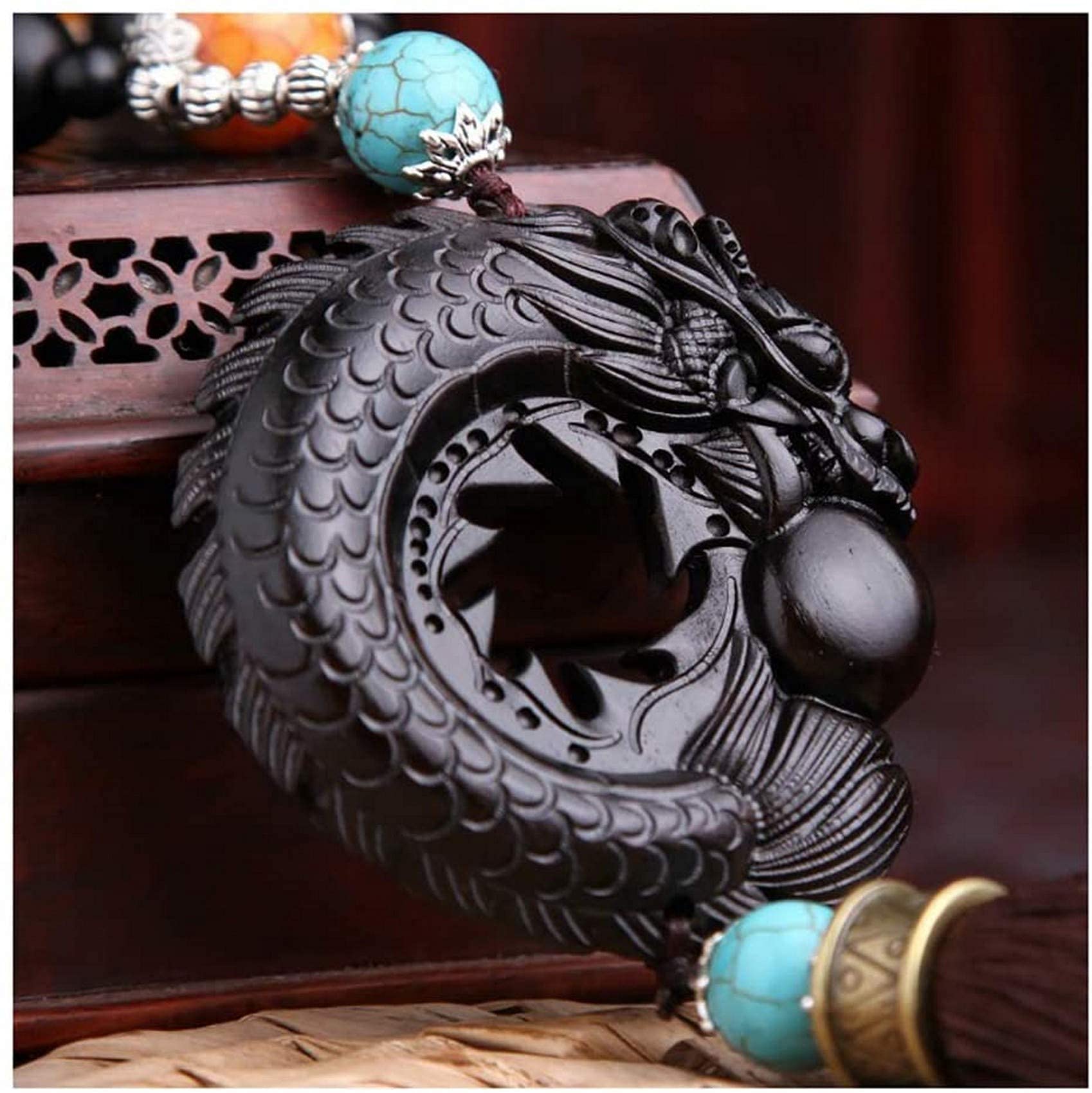 FMOGE Feng Shui Wooden Dragon Car Hanging Ornament - Rearview Mirror Pendant for Good Luck, Chinese Home & Window Decoration, Car Accessories - Perfect for Home Décor, Office Feng Shui & Vehicle Protection