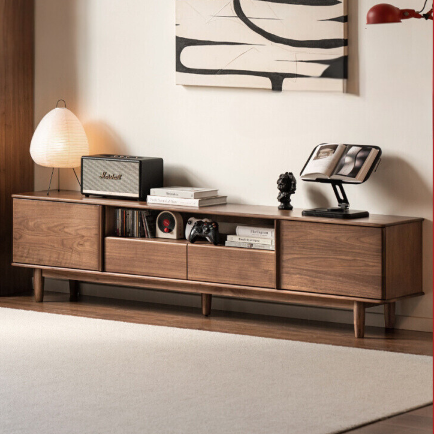 Premium Black Walnut Solid Wood TV Stand - Modern Minimalist Design Entertainment Center for Living Room, Bedroom & Home Theater