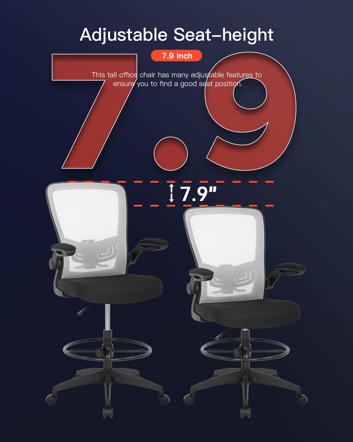 Ergonomic Drafting Chair - Adjustable Height Office Chair with Lumbar Support, Arms & Footrest - White Mesh Swivel Rolling Stool for Standing Desks - Perfect for Architects, Artists & Home Office Workspaces
