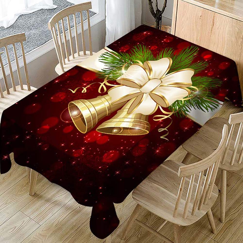 LANGWEI Christmas Tablecloth Set with 6 Stretch Chair Slipcovers - Gold Bell Snowflake Waterproof Dining Table Cover (140x180cm) for Holiday Party Decorations - Perfect for Christmas Dinner, Family Gatherings & Festive Home Decor