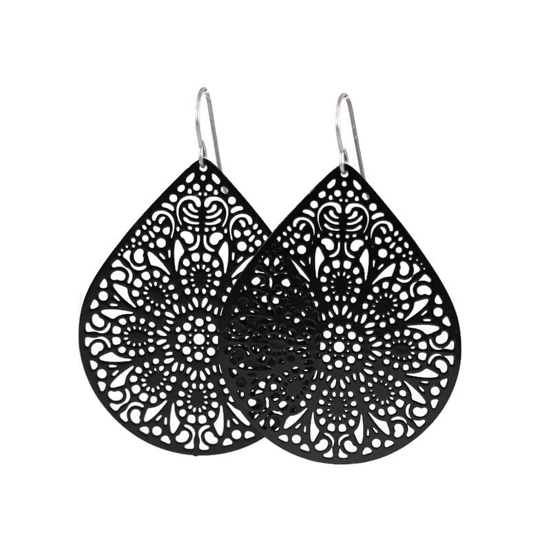 Lightweight Black Lace Cutout Dangle Earrings with Hypoallergenic Titanium Hooks - Elegant Teardrop Design for Women, Perfect for Parties, Weddings & Evening Events