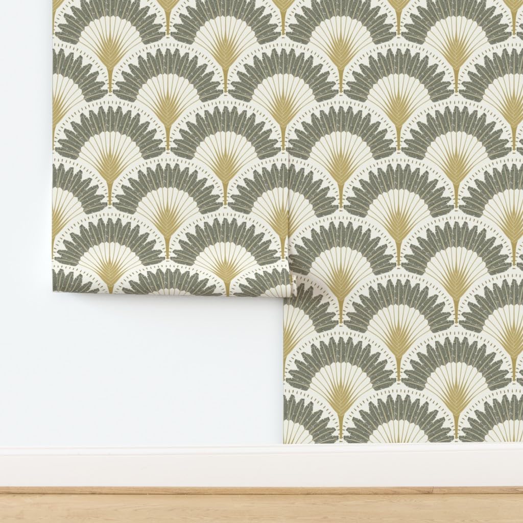 Peel & Stick Removable Wallpaper 3ft x 2ft - Neutral Botanicals with Palms & Art Deco Fans | Trendy Custom Wallpaper by Spoonflower | Perfect for Bedroom, Living Room & Home Office Decor