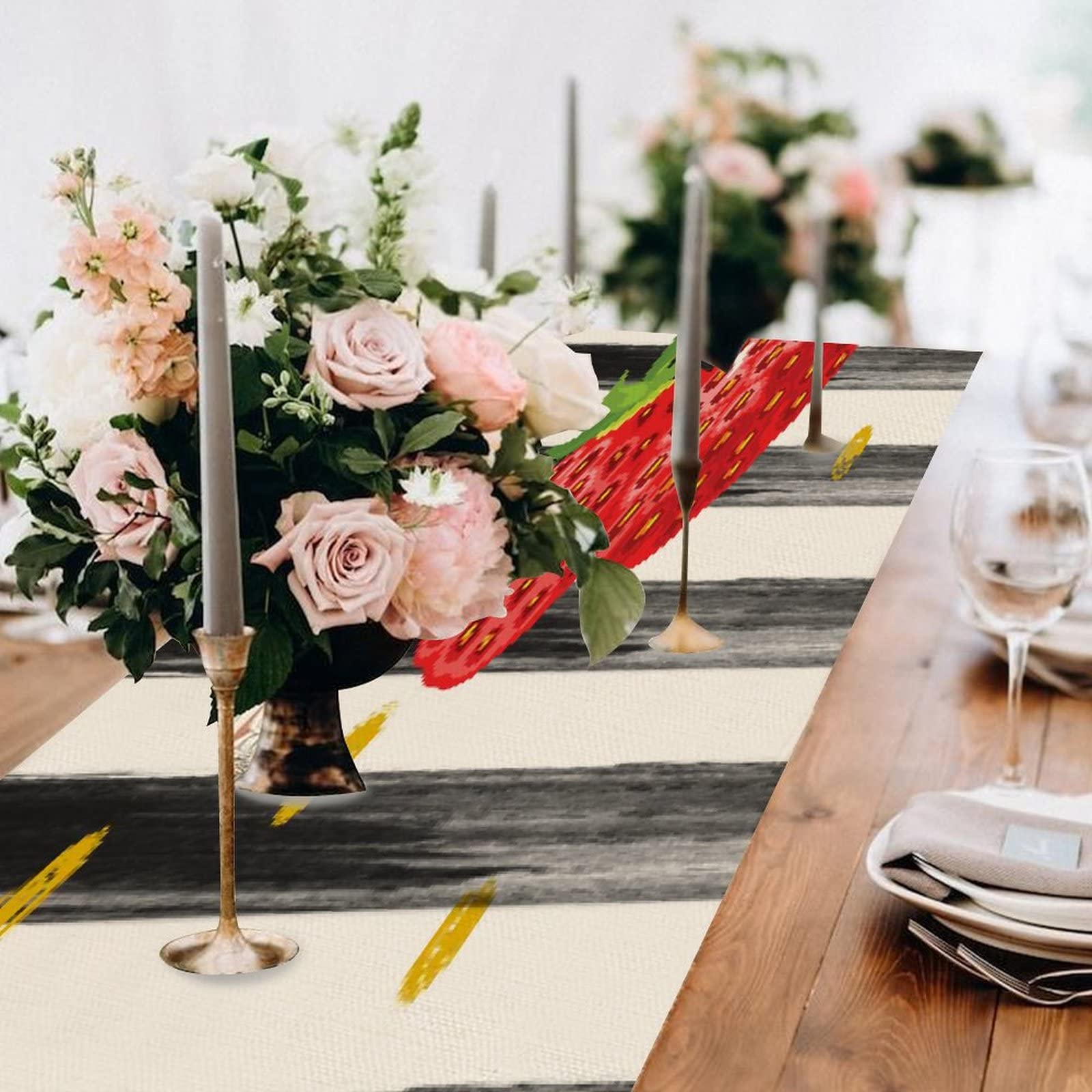 Strawberry Table Runner 14x72 Inch - Decorative Cotton Linen Tablecloth for Summer, Banquet, Bridal Shower & Holiday Decor | Red Berries Pattern for Outdoor Dining, Dresser & Party Decorations