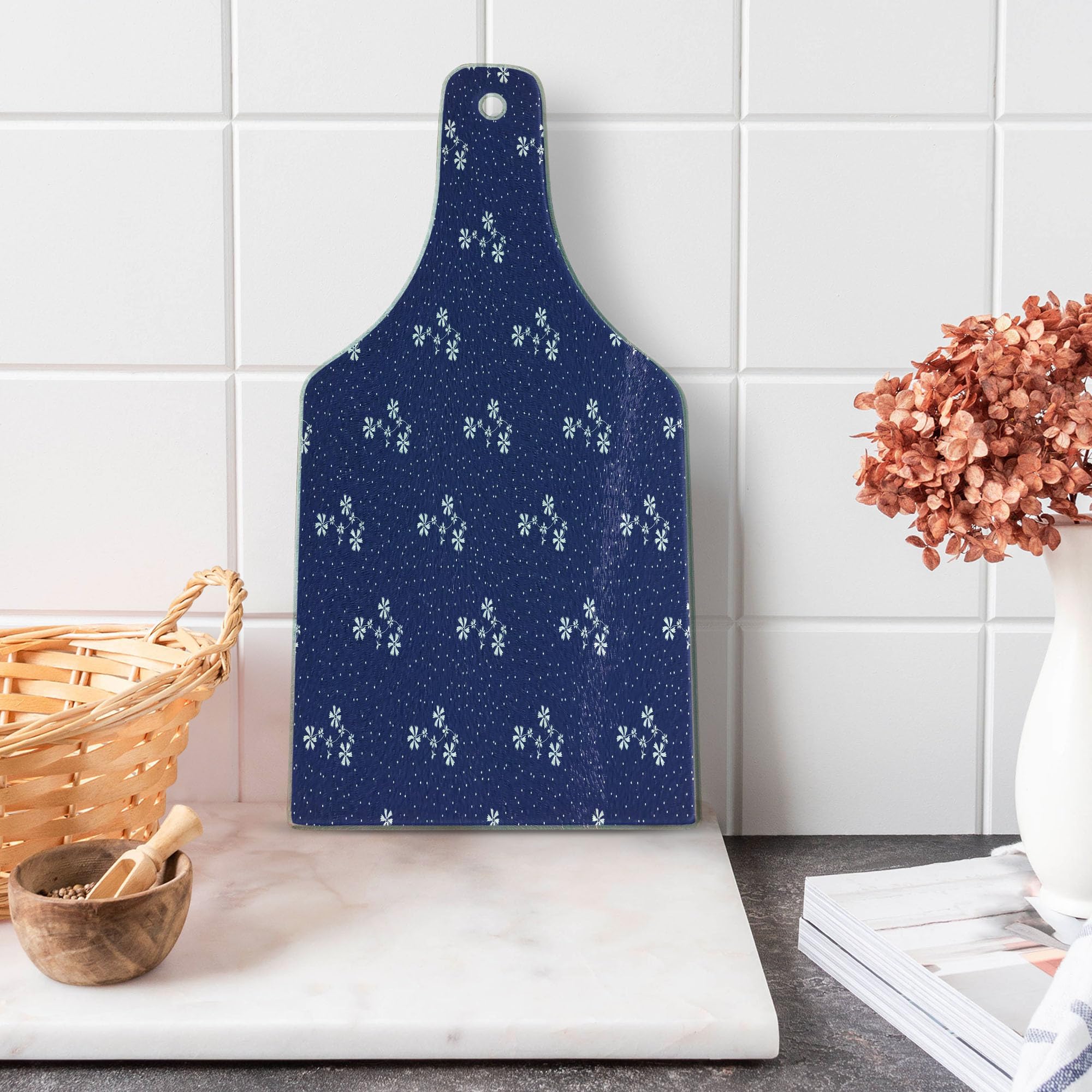 Ambesonne Navy Blue Floral Pattern Tempered Glass Cutting Board - Decorative Serving Board with Dots and Flowers, Wine Bottle Shape, Navy and White - Perfect for Kitchen, Charcuterie, Cheese Platters, and Party Serving