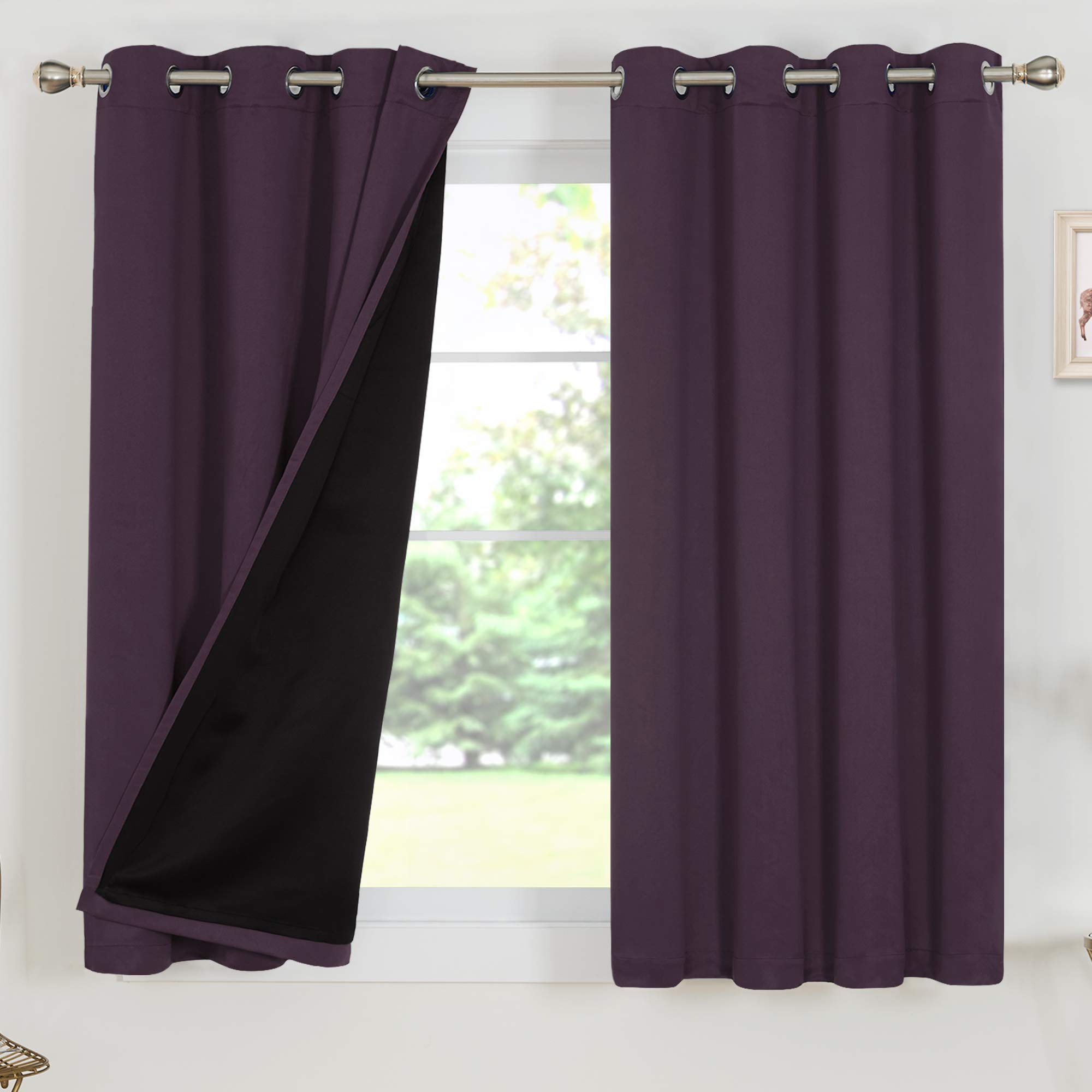 Deconovo 100% Blackout Thermal Insulated Curtains with Black Liner - Energy Saving, Noise Reducing, Full Light Blocking Drapes for Small Windows (2 Panels, 52W x 54L Inch, Royal Purple) - Perfect for Bedrooms, Home Theater & Nursery Rooms