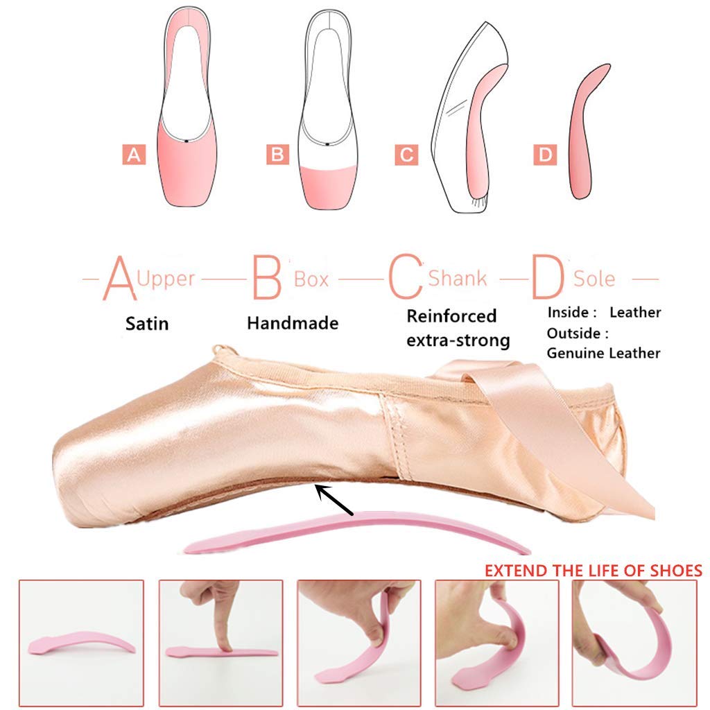 Nexete Professional Vanassa Ballet Pointe Shoes - Satin Dance Slippers with Toe Pad & Ribbon, Leather Sole, Resilient Shank for Full Pointe - Perfect for Ballet Classes, Performances, and Recitals