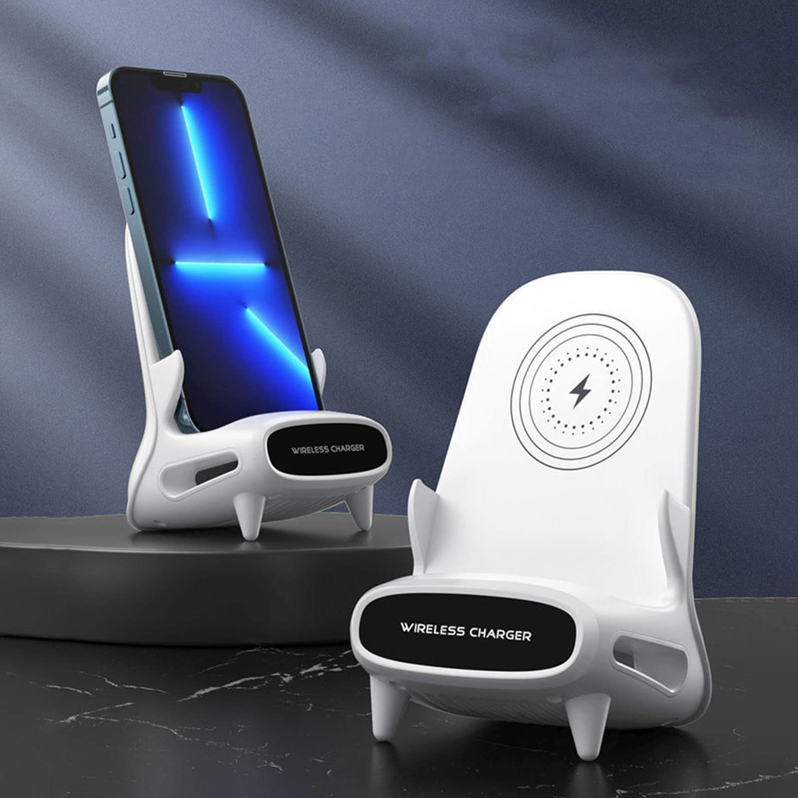 Portable Mini Chair Wireless Charger - 10W Fast Charging Pad for iPhone 15/14/13, Samsung Galaxy S23/S22, AirPods & Qi-Enabled Devices | Creative Phone Stand with Cooling Fan | Perfect for Office Desk, Nightstand & Travel Accessories