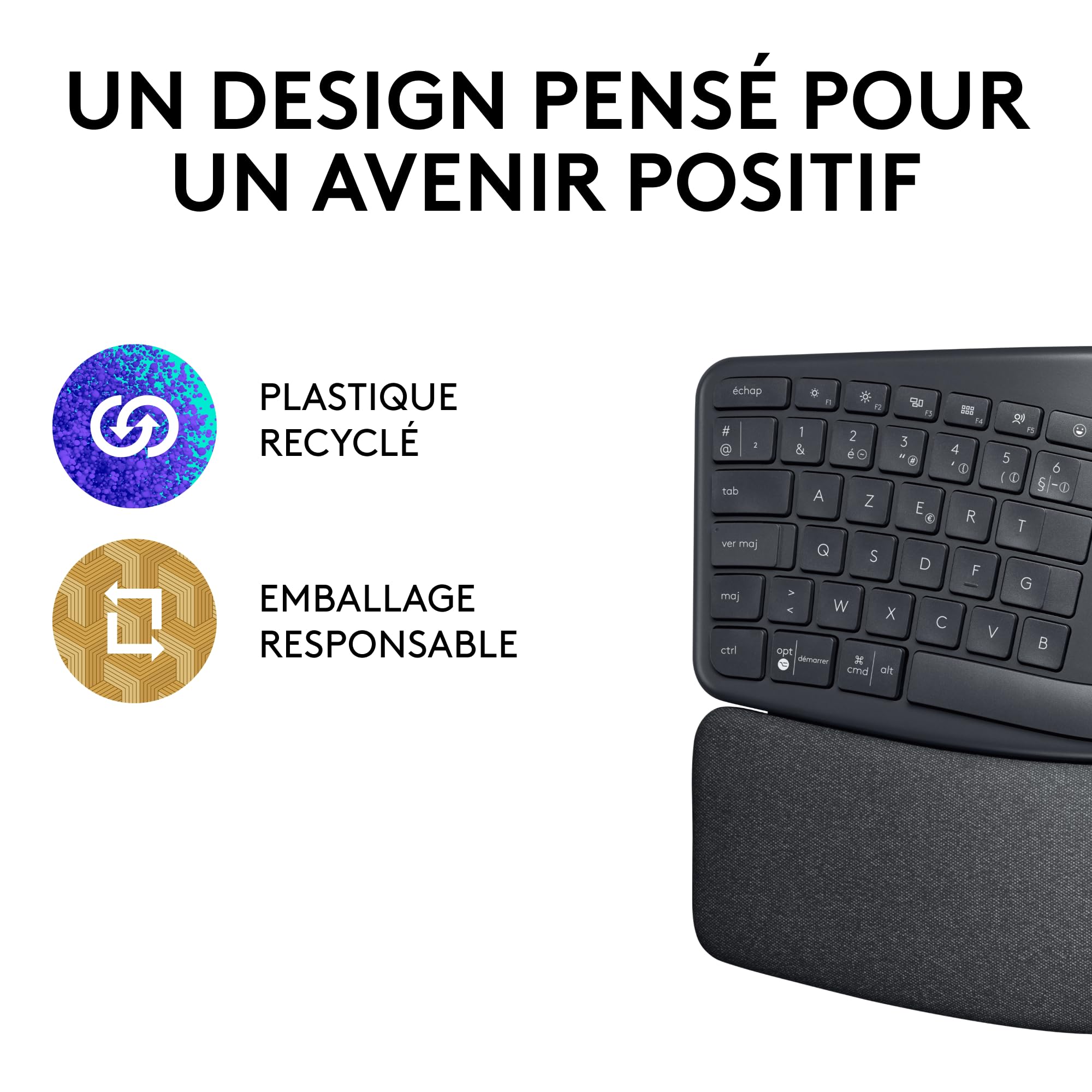 Logitech ERGO K860 Wireless Ergonomic Keyboard with Wrist Rest - Split Design for Natural Typing, Bluetooth & USB Connectivity - PC & Mac Compatible (French AZERTY Layout, Grey) - Ideal for Office Work, Long Typing Sessions & Reducing Wrist Strain