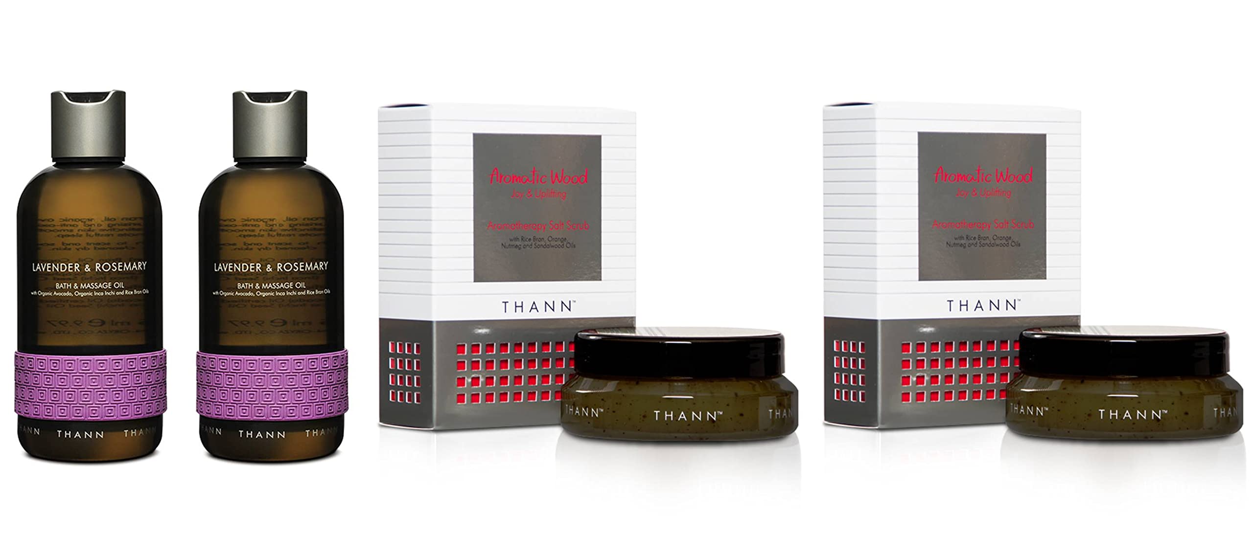 THANN Lavender Rosemary Massage Oil & Aromatic Wood Salt Scrub Set - Relaxing Aromatherapy Gift for Stress Relief & Skin Care | Perfect for Spa Day, Self-Care Routine & Romantic Gifts