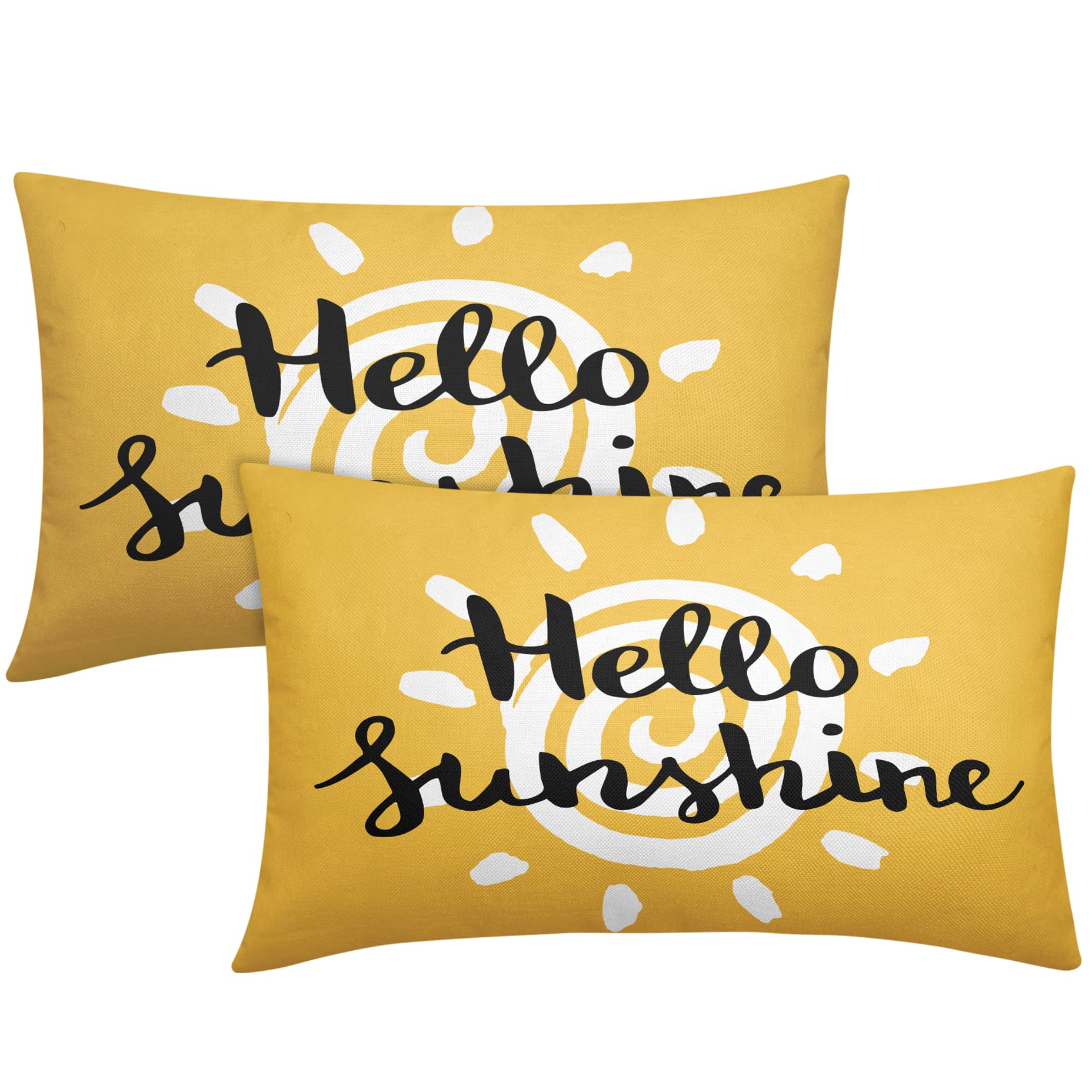 SweetShow Hello Sunshine Yellow Linen Pillow Covers Set of 2 - 12x20 Inch Farmhouse Decorative Throw Pillow Cases for Couch, Sofa & Outdoor Patio | Summer Home Decor, Bedroom Accent & Living Room Cushion Covers