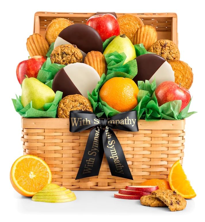 Sympathy Gift Basket for Loss of Loved One - Fresh Fruit & Baked Cookies Care Package with Apples, Oranges & Pears | Thoughtful Condolence Gift for Funeral, Memorial Service or Bereavement Support