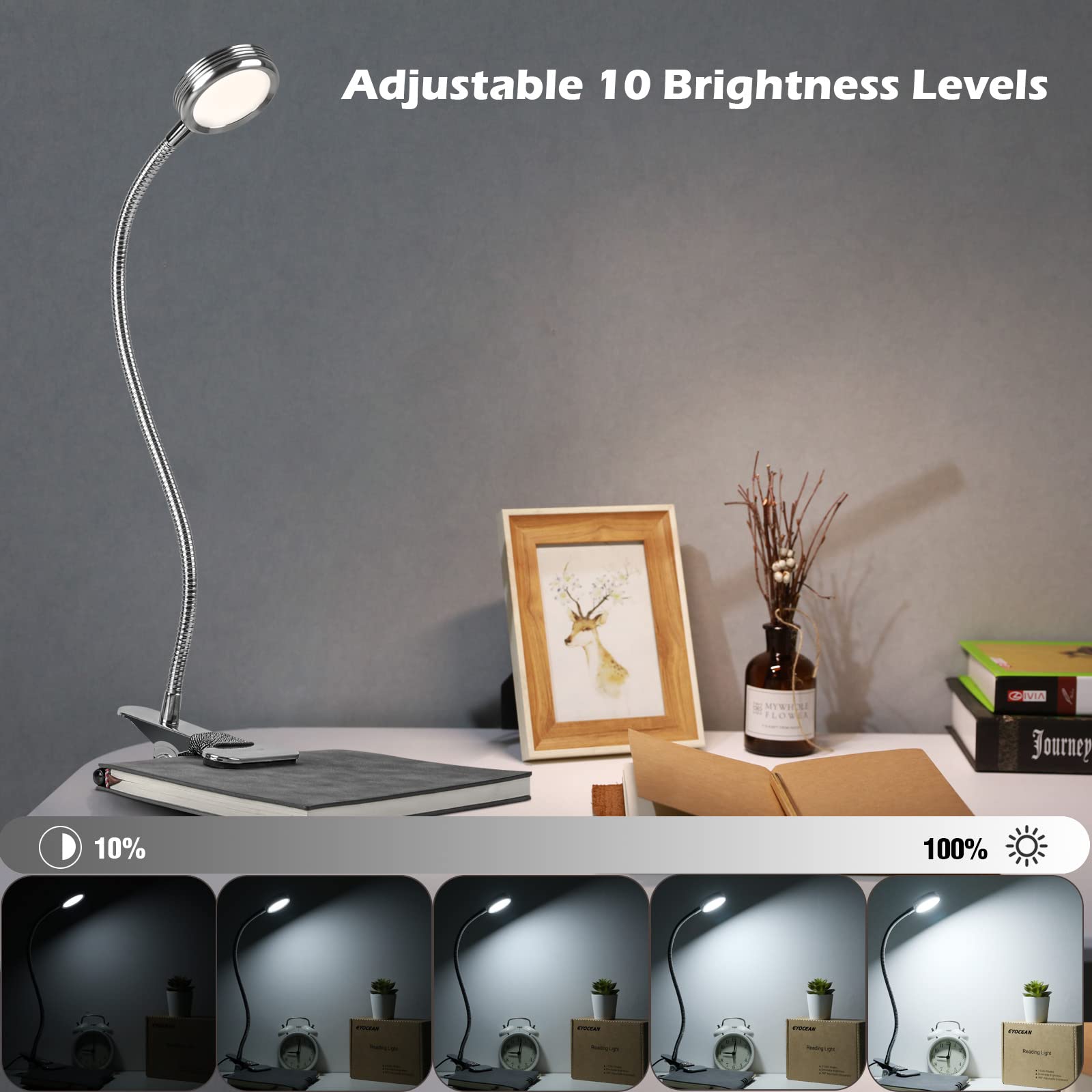 Dimmable LED Clip-On Reading Light with 3 Modes & 9 Brightness Levels - Flexible Desk Lamp for Bed Headboard, Office, Study - Perfect for Night Reading, Working & Studying (5W, Silver, AC Adapter Included)