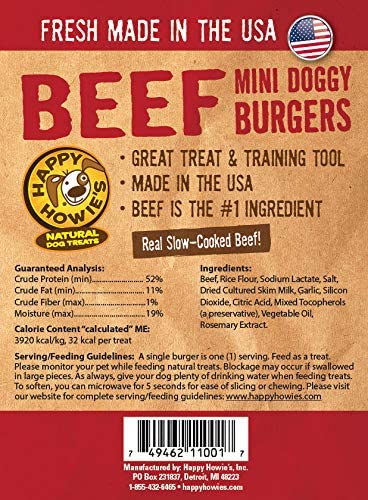 Happy Howie's Mini Doggy Burgers - All-Natural Beef Dog Treats, Grain-Free & Hormone-Free, Long-Lasting Chewy Bites for Small & Medium Dogs - Perfect for Training, Rewards & Dental Health (3-Pack)