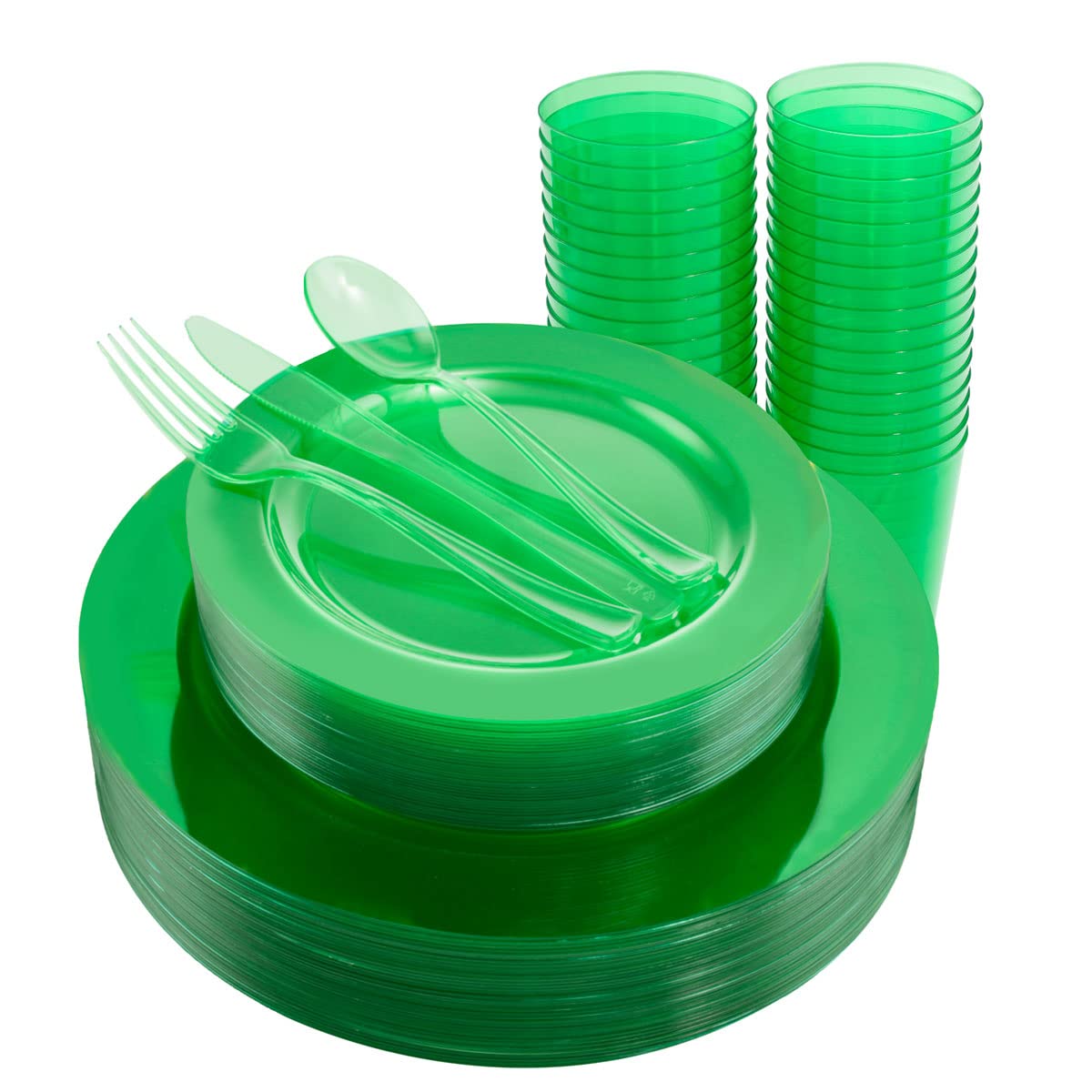 COLOSUS 36-Piece Christmas Disposable Plastic Dinnerware Set - Clear Green Holiday Tableware (36 Dinner Plates, Salad Plates, Forks, Knives, Spoons & Cups) - Perfect for Christmas Parties, Family Gatherings & Festive Celebrations
