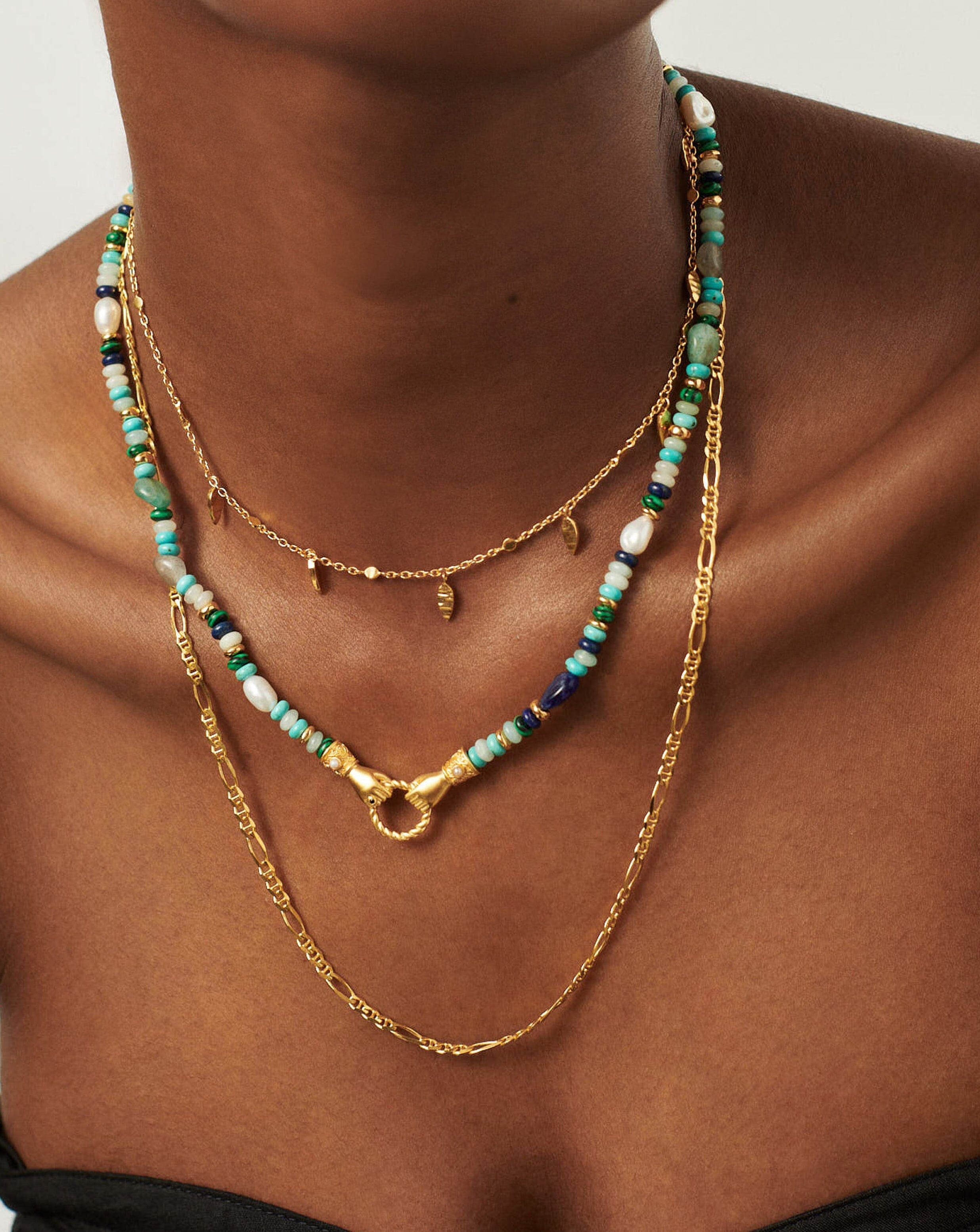 Harris Reed In Good Hands Beaded Gemstone Necklace - 18k Gold Plated with Turquoise, Lapis Lazuli & Pearl | Elegant Layering Jewelry for Women, Perfect for Weddings, Parties & Everyday Wear