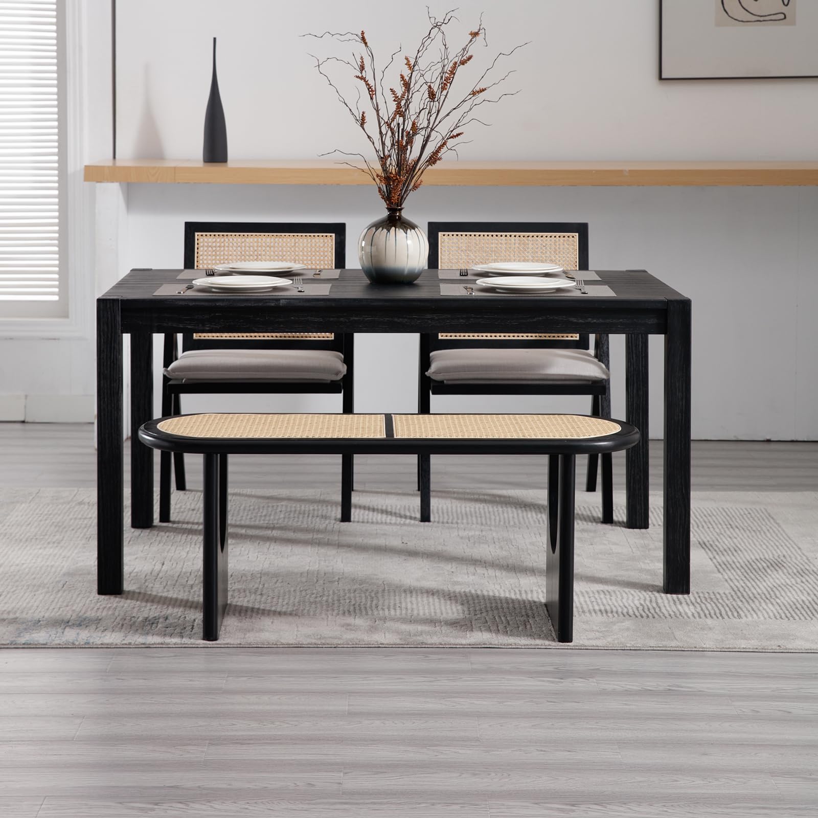 ZSARTS Wicker Rattan Bench - Farmhouse Style Dining Bench, Entryway Seat & Wooden Ottoman - Natural Cane Design for Bedroom, Living Room, Dining Room or Hallway - Black Wood Finish - Perfect for Farmhouse Decor, Cozy Seating & Extra Storage