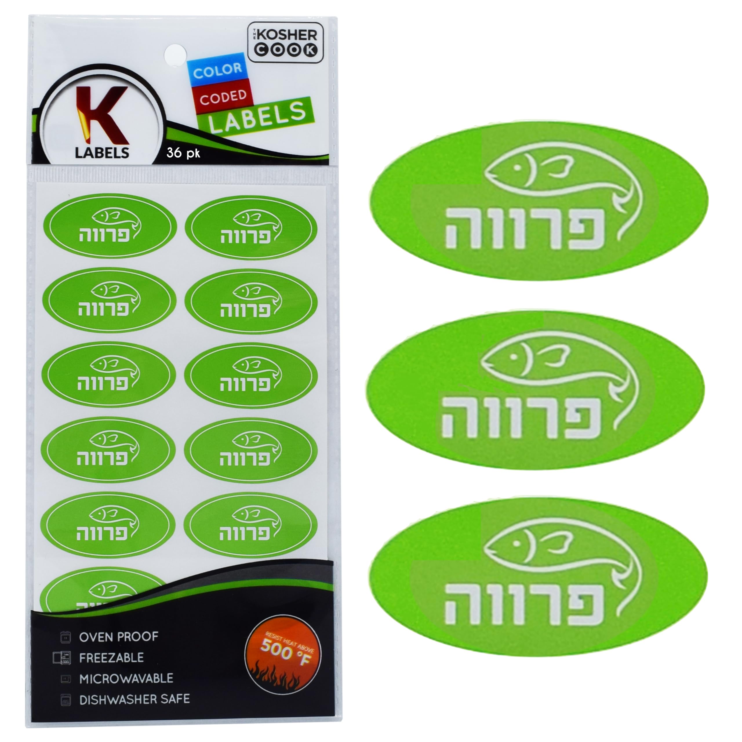 Parve Green Labels - Oven Safe up to 500°F, Freezer & Microwave Safe, Dishwasher Safe, Hebrew Kosher Kitchen Stickers (36-Pack) - Perfect for Meal Prep, Pantry Organization & Kosher Cooking