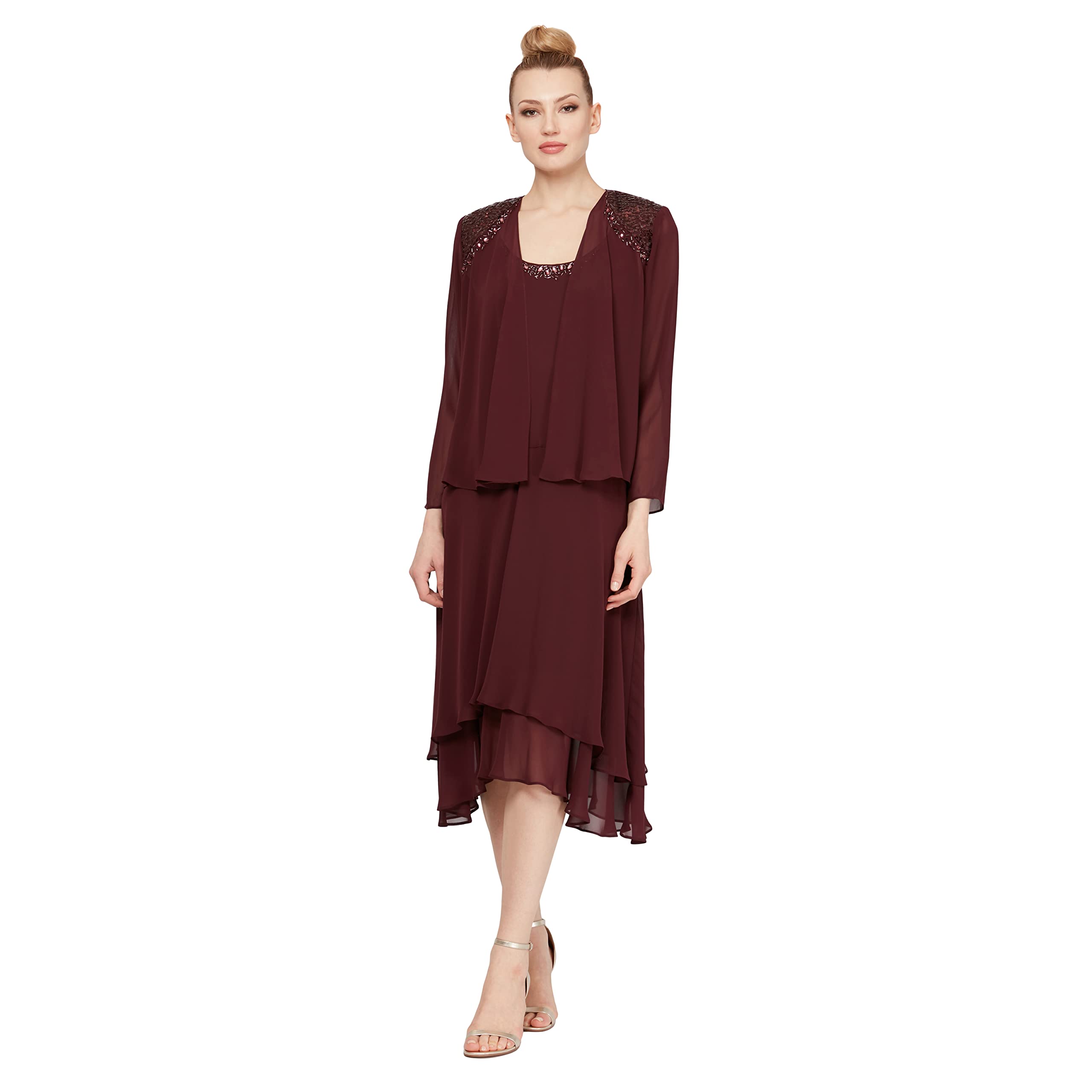 Elegant Embellished Neckline Mother of the Bride Dress - S.L. Fashions Women's Formal Gown for Weddings, Parties & Special Occasions (Petite & Regular Sizes)