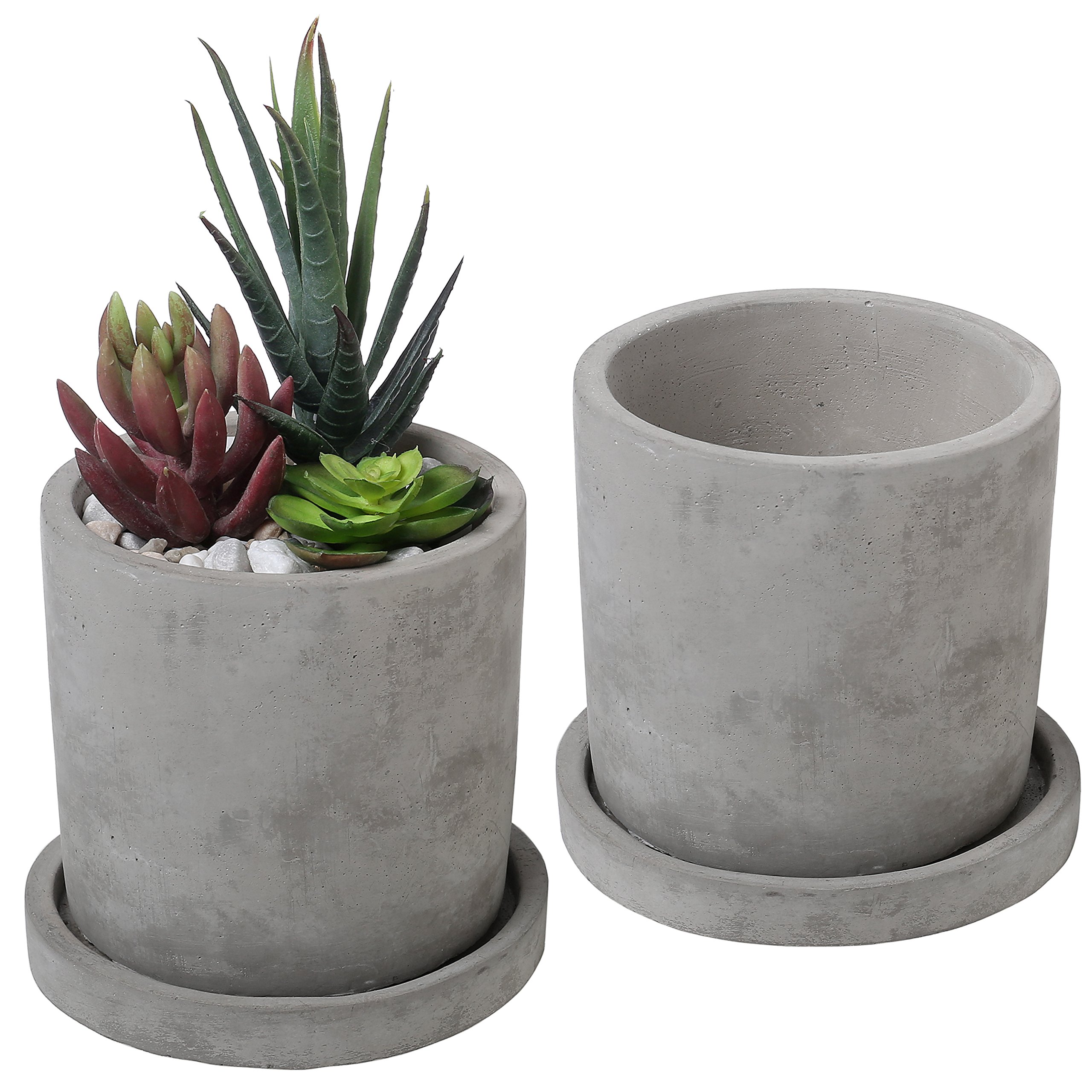 MyGift 4-Inch Unglazed Gray Cement Planter - Modern Mini Succulent Plant Pots with Removable Saucer, Set of 2 - Perfect for Home Decor, Office Desk, and Indoor Gardening