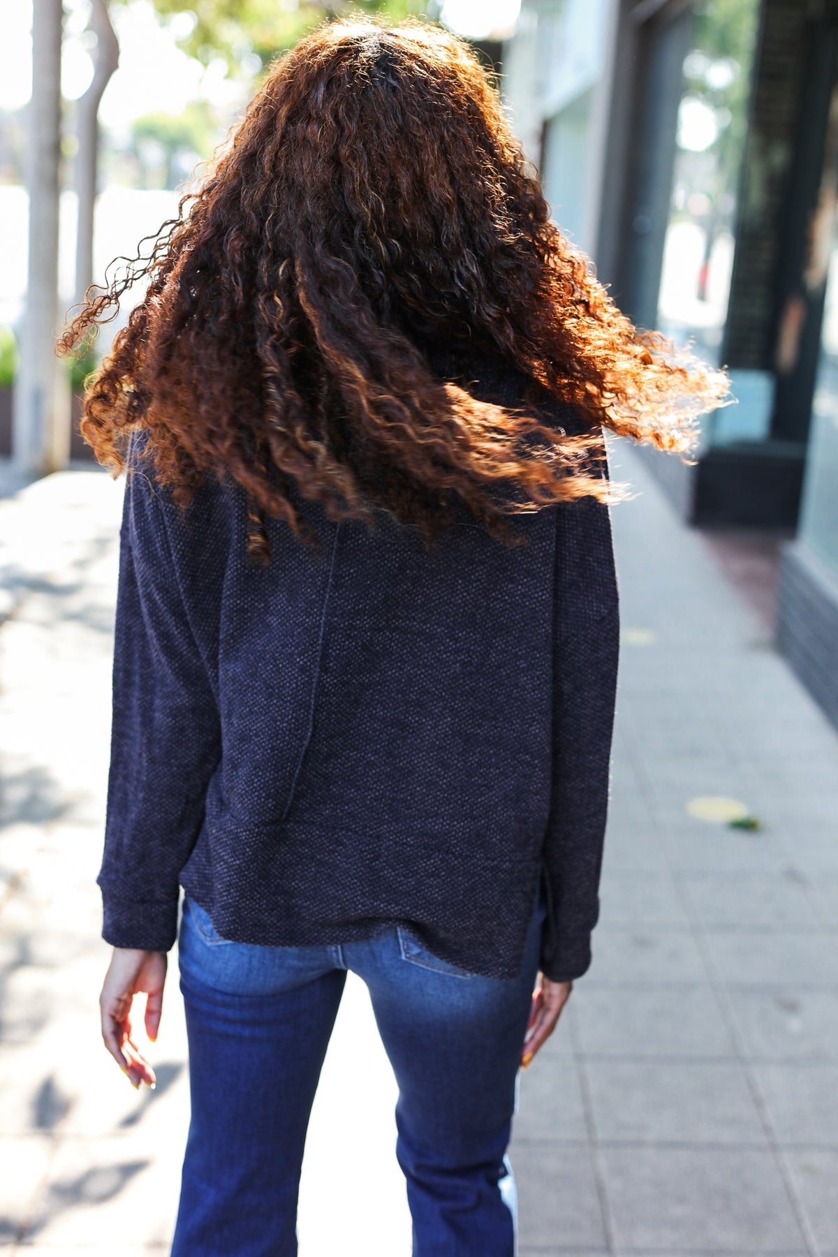 Easy Living Charcoal Textured Knit Notch Neck Oversized Collar Sweater | Women's Chunky Knit Pullover | Cozy Winter Fashion for Casual Outings & Coffee Dates