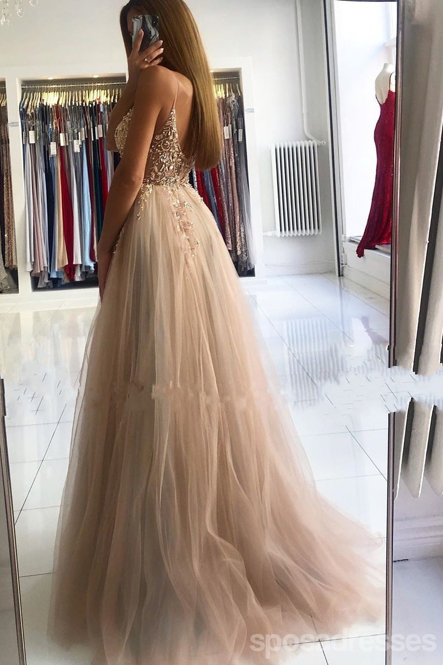 Elegant Champagne A-Line Spaghetti Straps High Slit Long Prom Dresses for Women – Perfect for Homecoming, Formal Events & Evening Parties | Style 12875