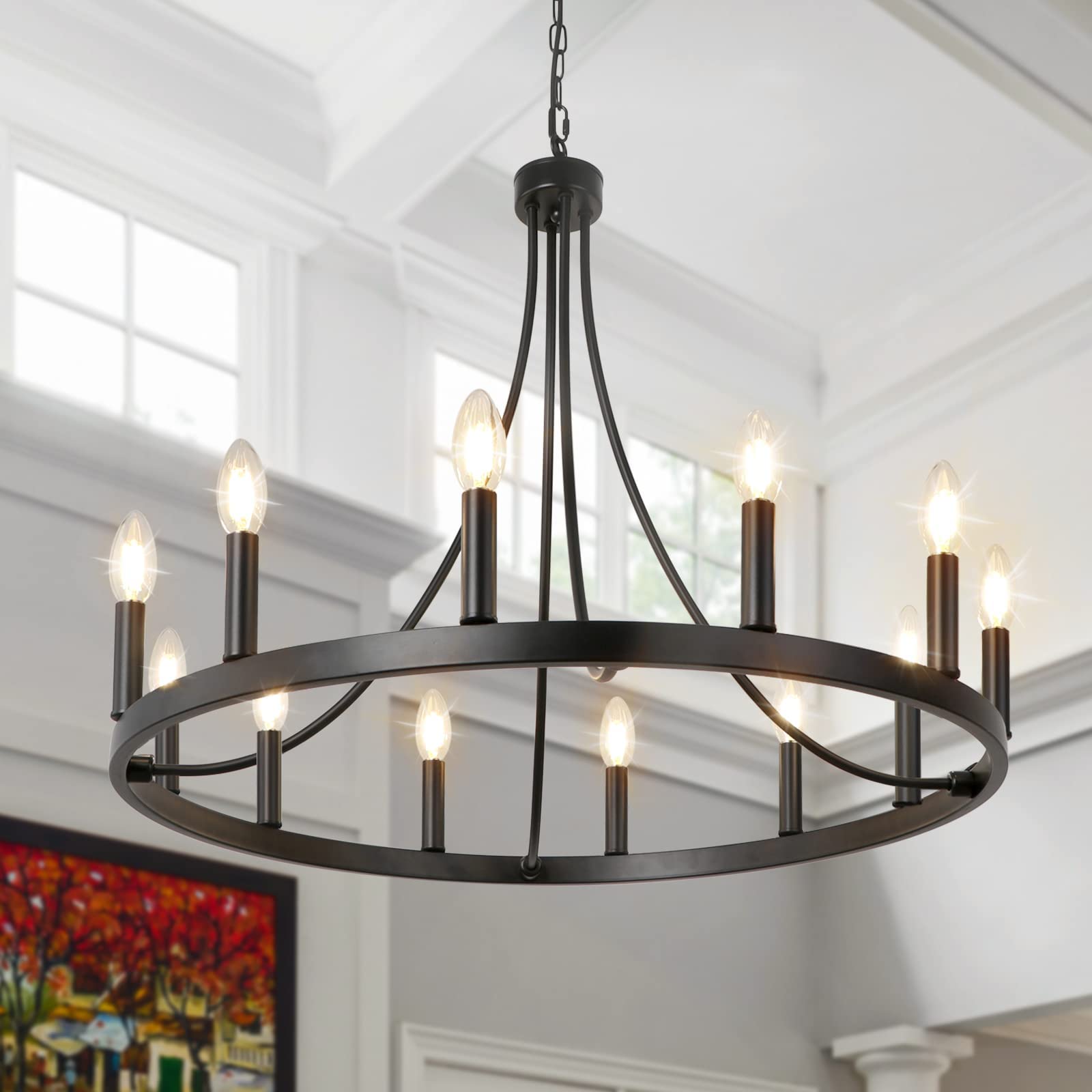LynPon 12-Light Black Wagon Wheel Chandelier - 27 Inch Rustic Round Ceiling Light Fixture for Farmhouse & Industrial Decor | Perfect for Living Room, Dining Room, Kitchen, Foyer & Entryway Lighting