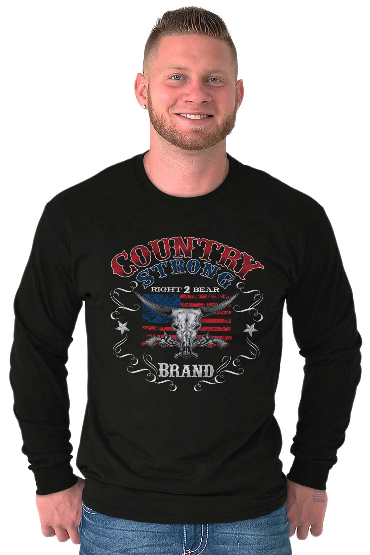 Brisco Brands Country Strong Longhorn Gun Rights Men's Long Sleeve T-Shirt | Patriotic American Western Style Tee for Hunting, Outdoor & Casual Wear