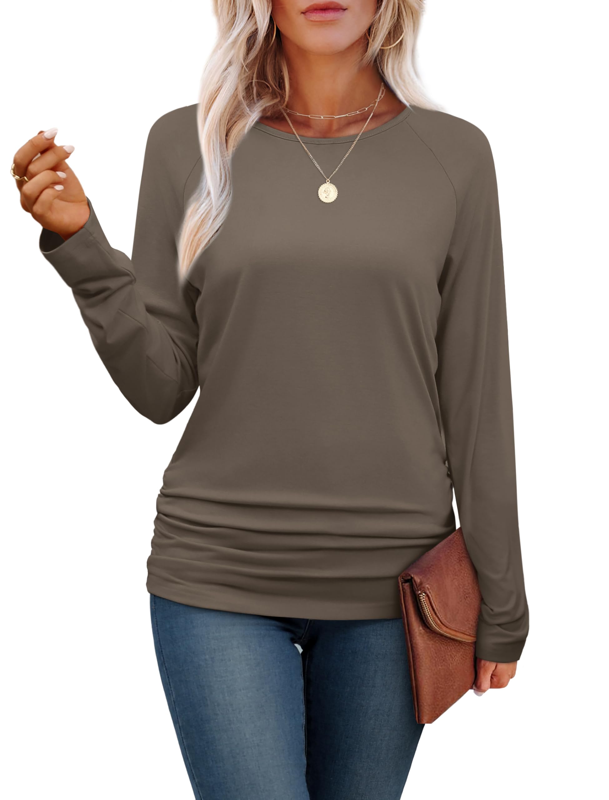Elegant Women's Long Sleeve Crewneck Pleated Blouse - Dressy Casual Tops for Work, Office & Everyday Wear | Saloogoe Fashion
