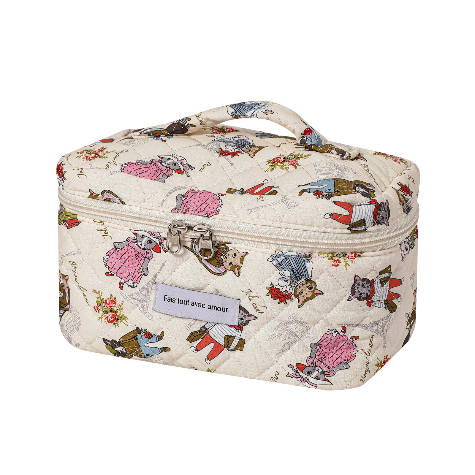 Quilted Makeup Bag Large Capacity - Cute Coquette Floral Cosmetic Organizer for Travel | Aesthetic Toiletry Storage Pouch for Small Items (03 Cute Cat) | Perfect for Vacation, Gym & Daily Essentials