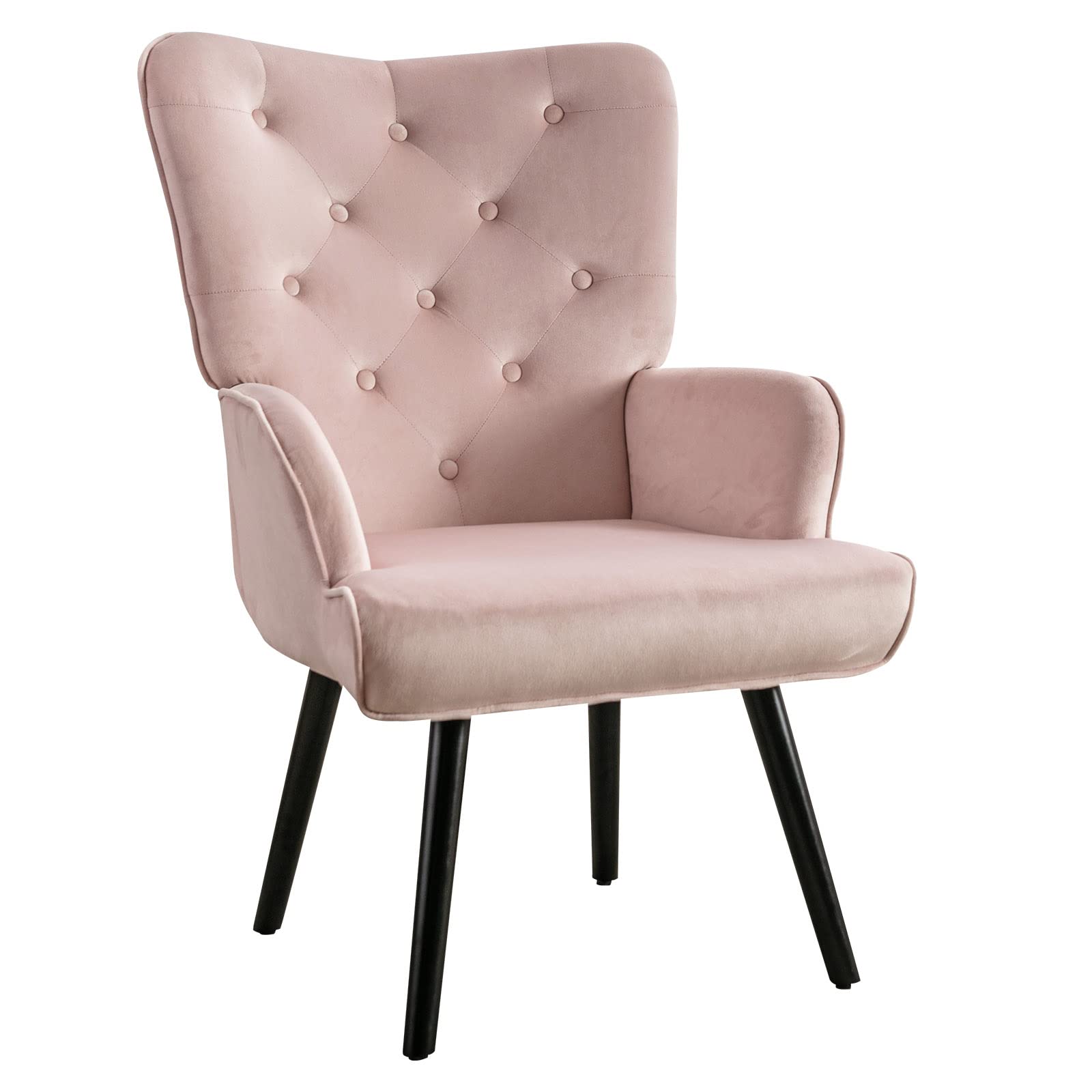Mid Century Modern Accent Chair - Velvet Comfy Armchair with Tall Backrest & Metal Legs, Ergonomic Reading Chair for Living Room, Bedroom, Office - Adjustable Feet (Pink) - Perfect for Relaxing, Reading & Home Decor