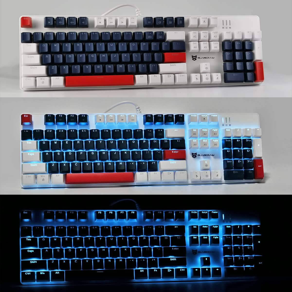 Qisan Mechanical Gaming Keyboard - Wired Blue LED Backlit, Red Switch, Full Size 104 Keys US Layout - Ergonomic Computer Keyboard for PC Gaming & Office Work | Perfect for Esports, Typing & Programming