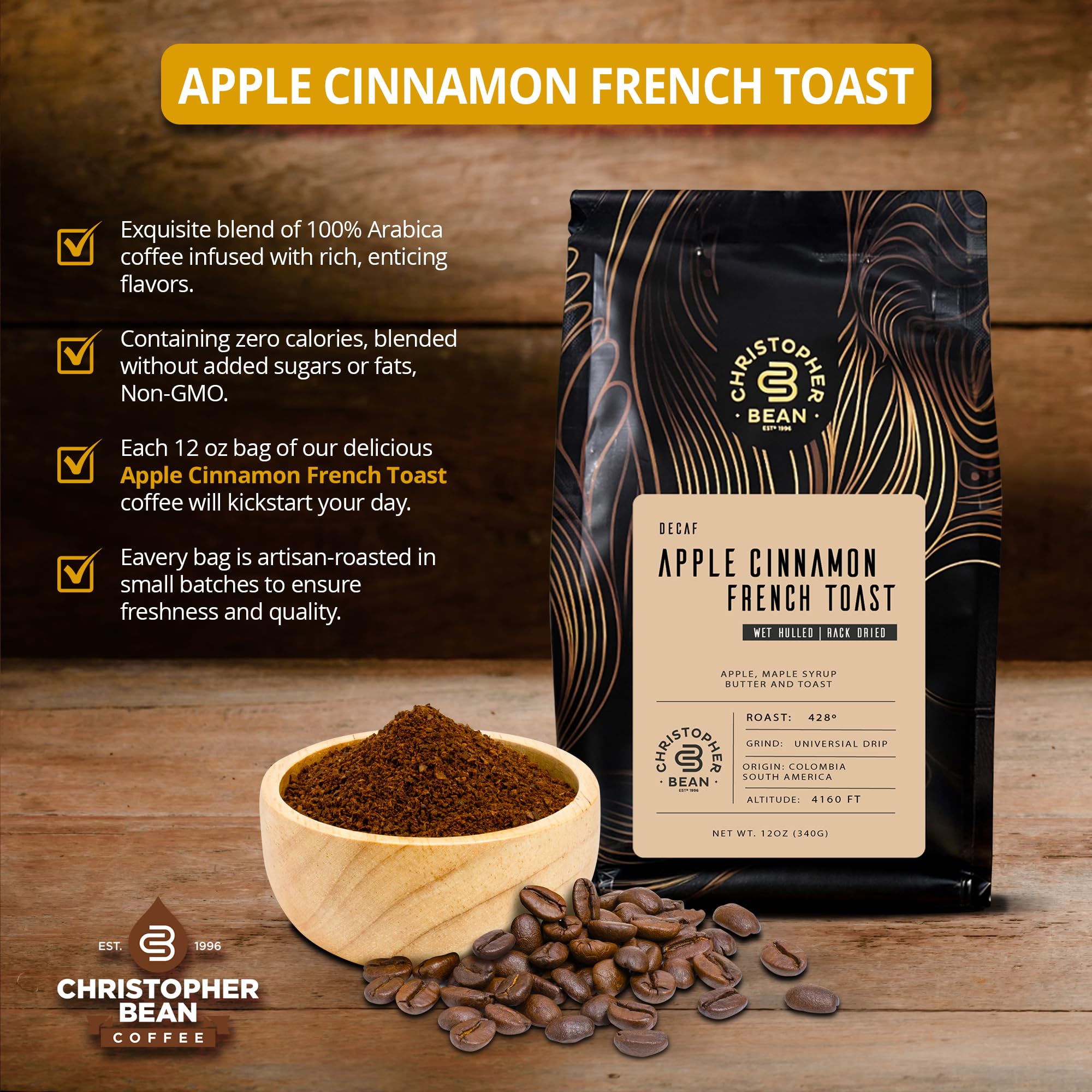 Premium Christopher Decaf Ground Coffee - Apple Cinnamon French Toast Flavored, 100% Arabica, Medium Roast | Sugar-Free, Non-GMO, No Fats | Perfect for Relaxing After Dinner, Morning Brew, or Office Break | 10-Ounce Bag