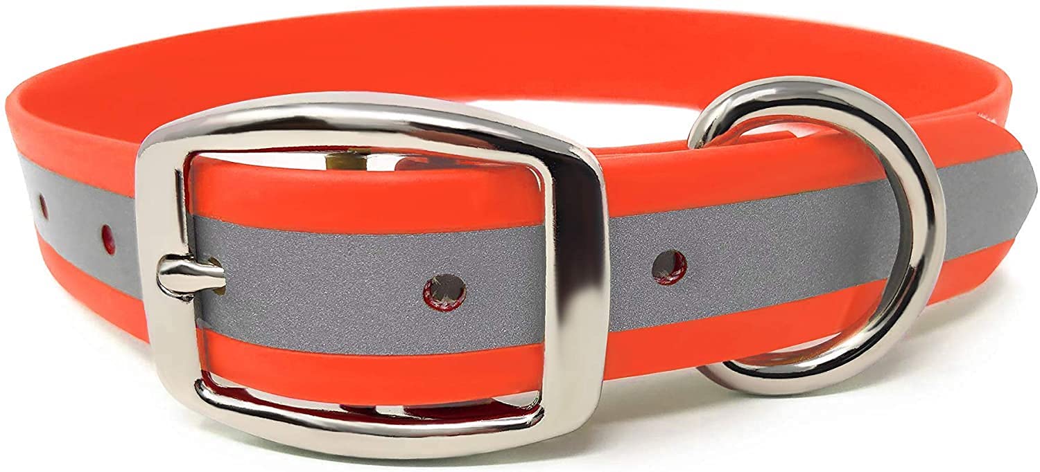 Regal Dog Products Heavy Duty Reflective Dog Collar - Large Orange Adjustable Collar with Durable Metal Buckle & D-Ring | Chew Proof & Waterproof Design for Small, Medium & Large Dogs | Perfect for Night Walks, Hiking & Outdoor Adventures