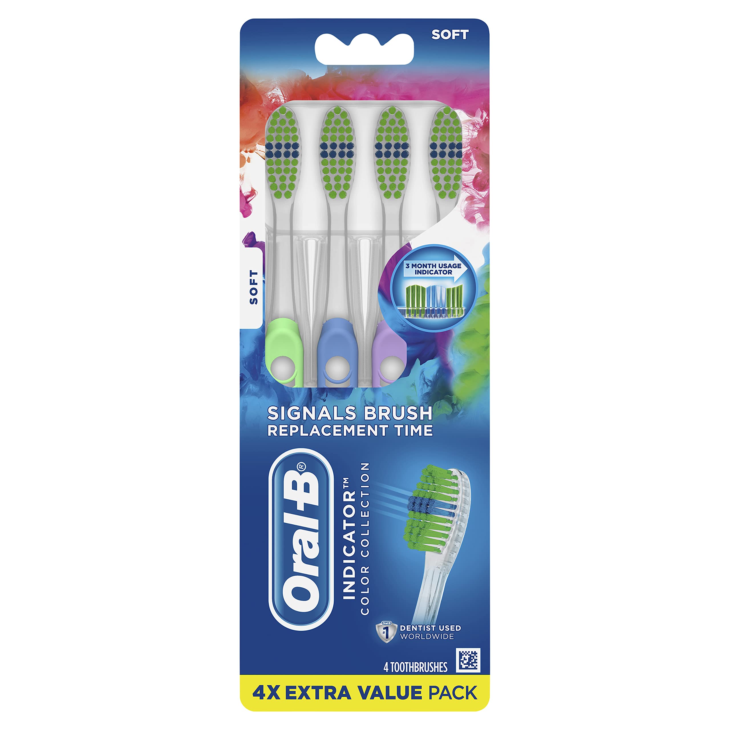 Oral-B Indicator Color Collection Toothbrushes - Soft Bristles, 4 Pack for Gentle Dental Care - Perfect for Travel, Home & Daily Oral Hygiene Routine
