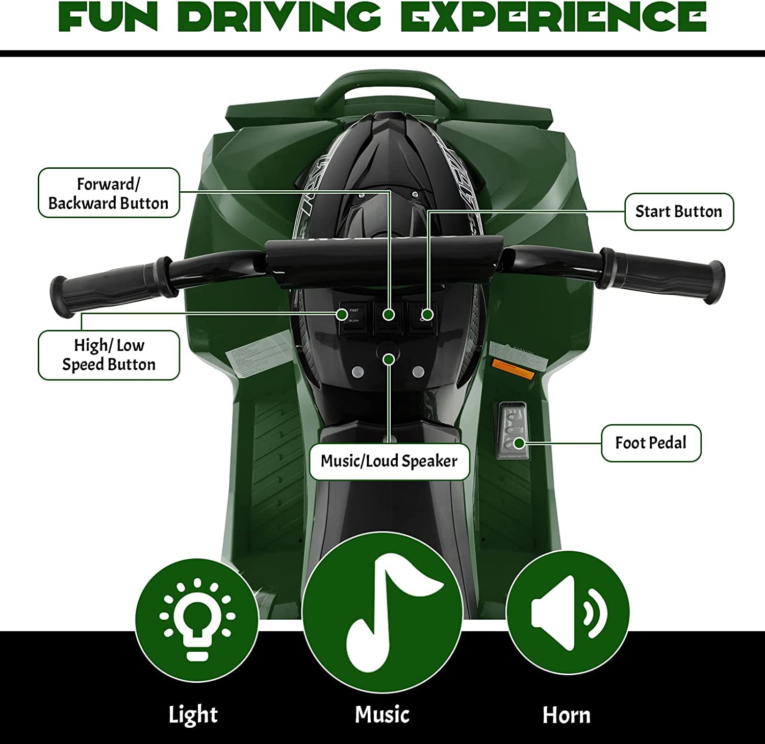 HONEY JOY 12V Kids Electric ATV Ride-On Car - Battery Powered 4 Wheeler with Tread Tires, Dual Speed, Horn & LED Lights - Perfect Gift for Boys & Girls (Green) | Outdoor Play & Backyard Adventure Vehicle