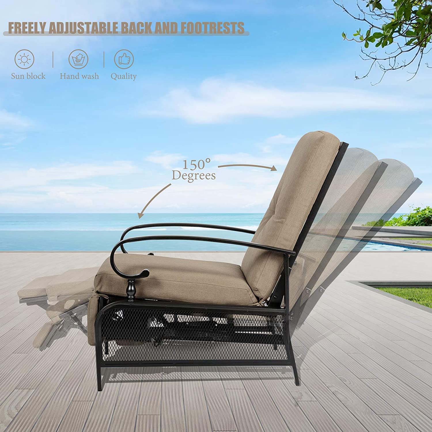 Adjustable Outdoor Lounge Chair with Removable Cushions - Durable Metal Recliner Sofa for Patio, Garden, Poolside, Backyard - Comfortable Brown Sunbathing Chair - Perfect for Relaxing, Lounging, and Enjoying Outdoor Spaces