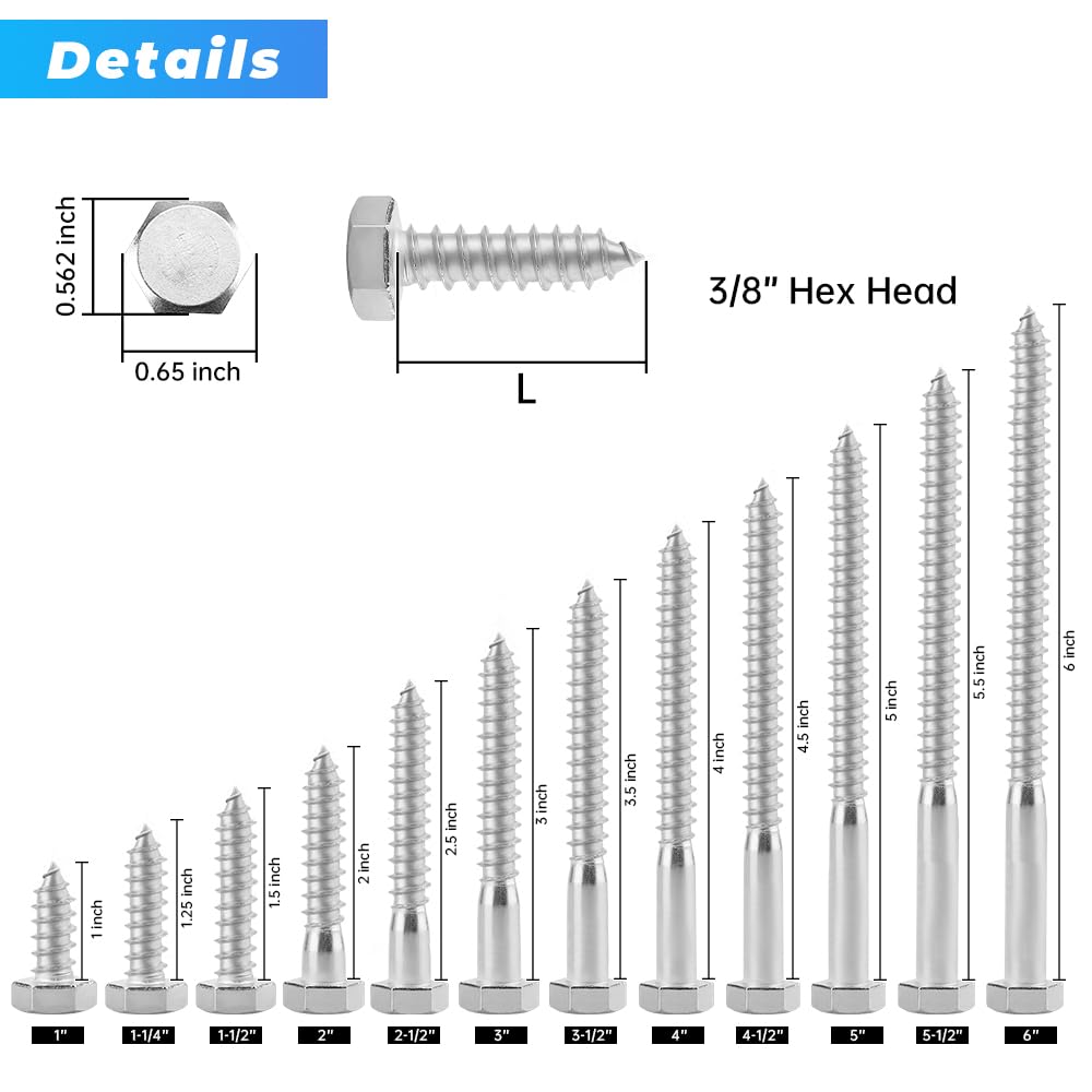 304 Stainless Steel Hex Lag Bolts (8pcs) - Wood Fastening Solution