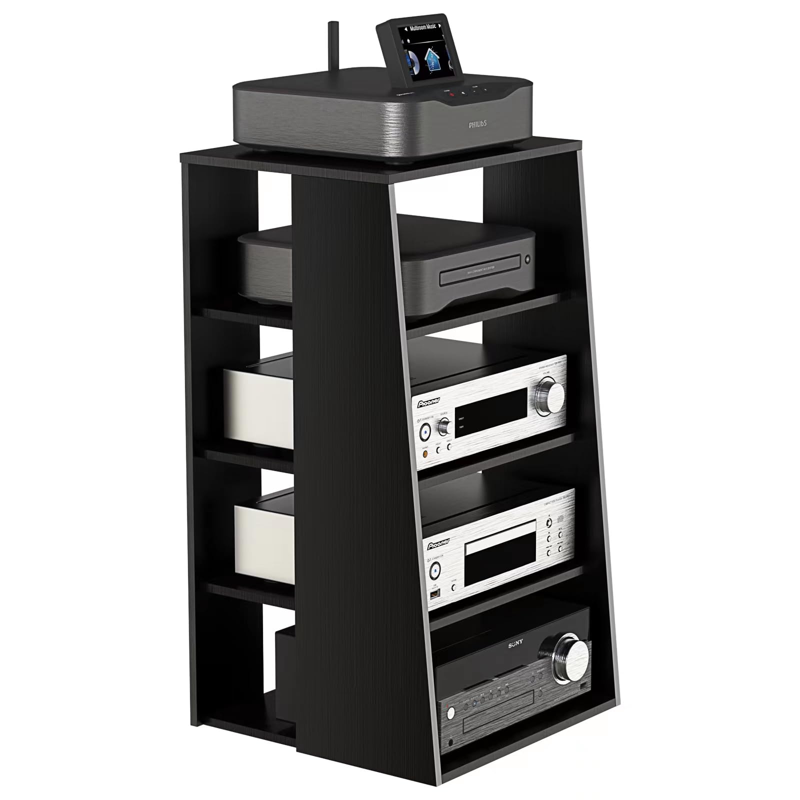 Modern Media Storage Cabinet - 4-Shelf AV Stand for TV, Stereo & Entertainment Components | Durable Living Room Furniture for Home Theater & Media Organization