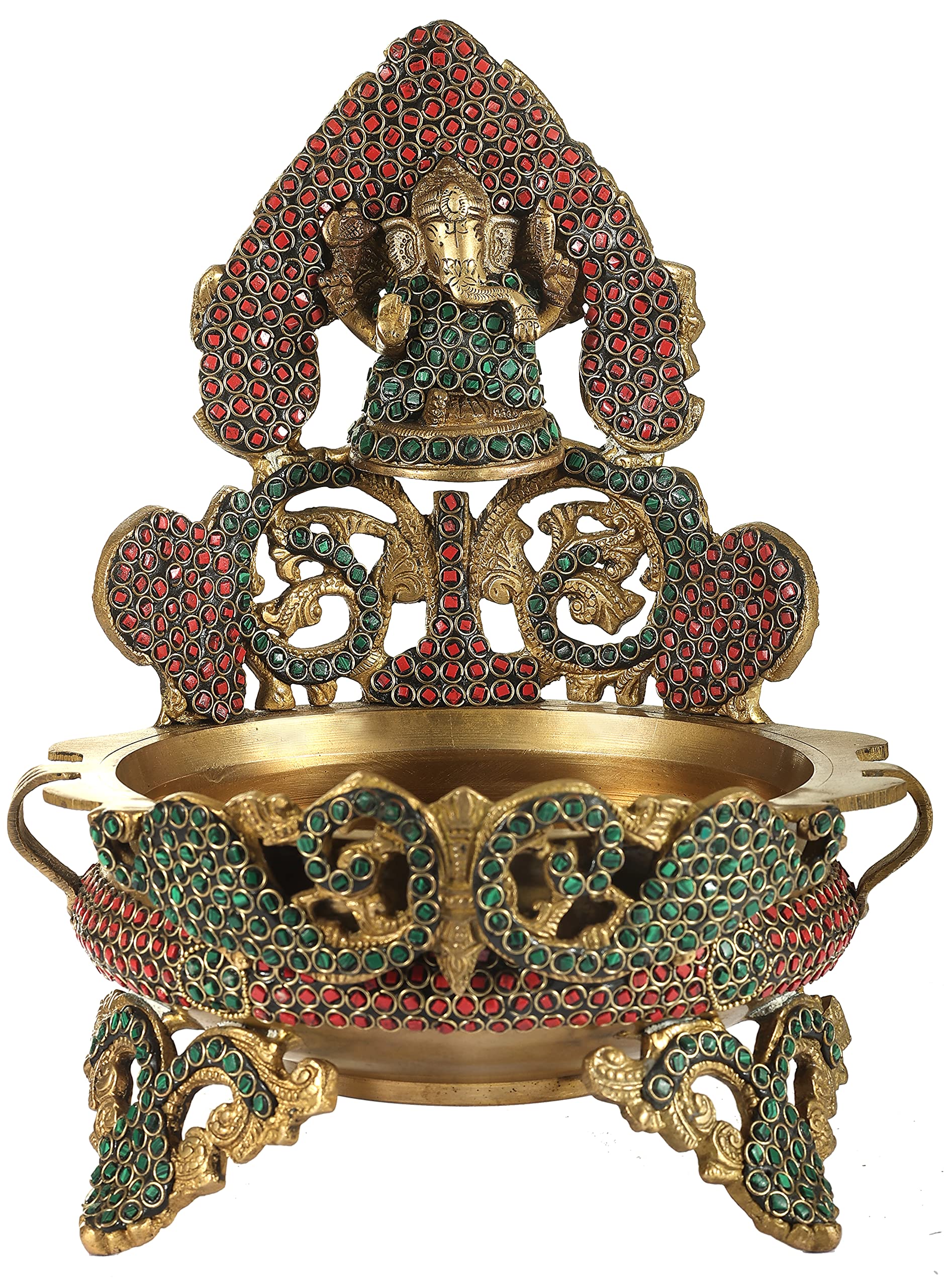 Exotic Indian Ganesha Urli Brass Bowl with Inlay Stone Work - Handcrafted Hindu Religious Decor for Home Altar, Meditation & Yoga Space