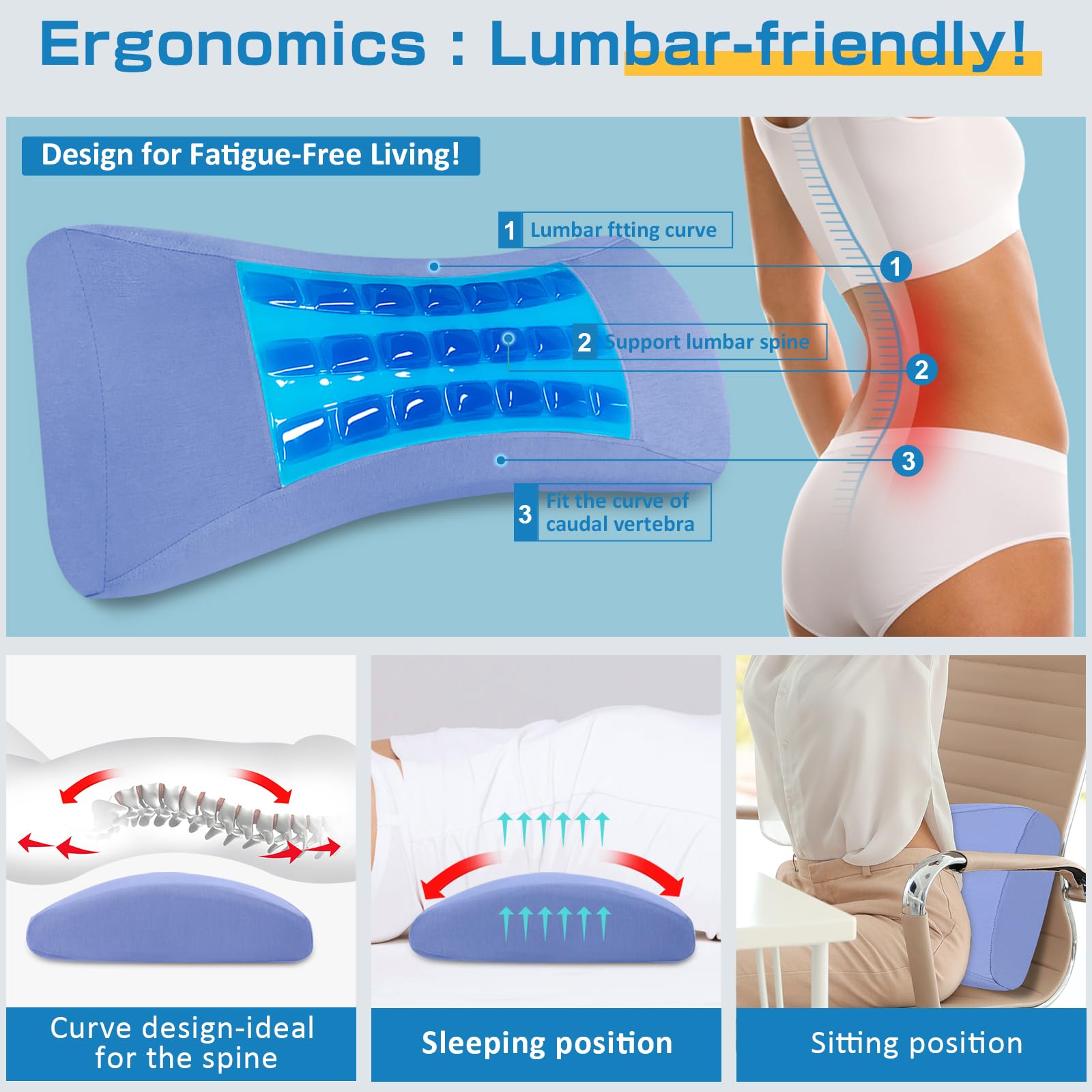 **Adjustable Gel Lumbar Support Pillow for Sleeping - Cooling Memory Foam Wedge Pillow for Back, Side & Stomach Sleepers - Relieves Lower Back Pain - Perfect for Beds, Couches & Travel**